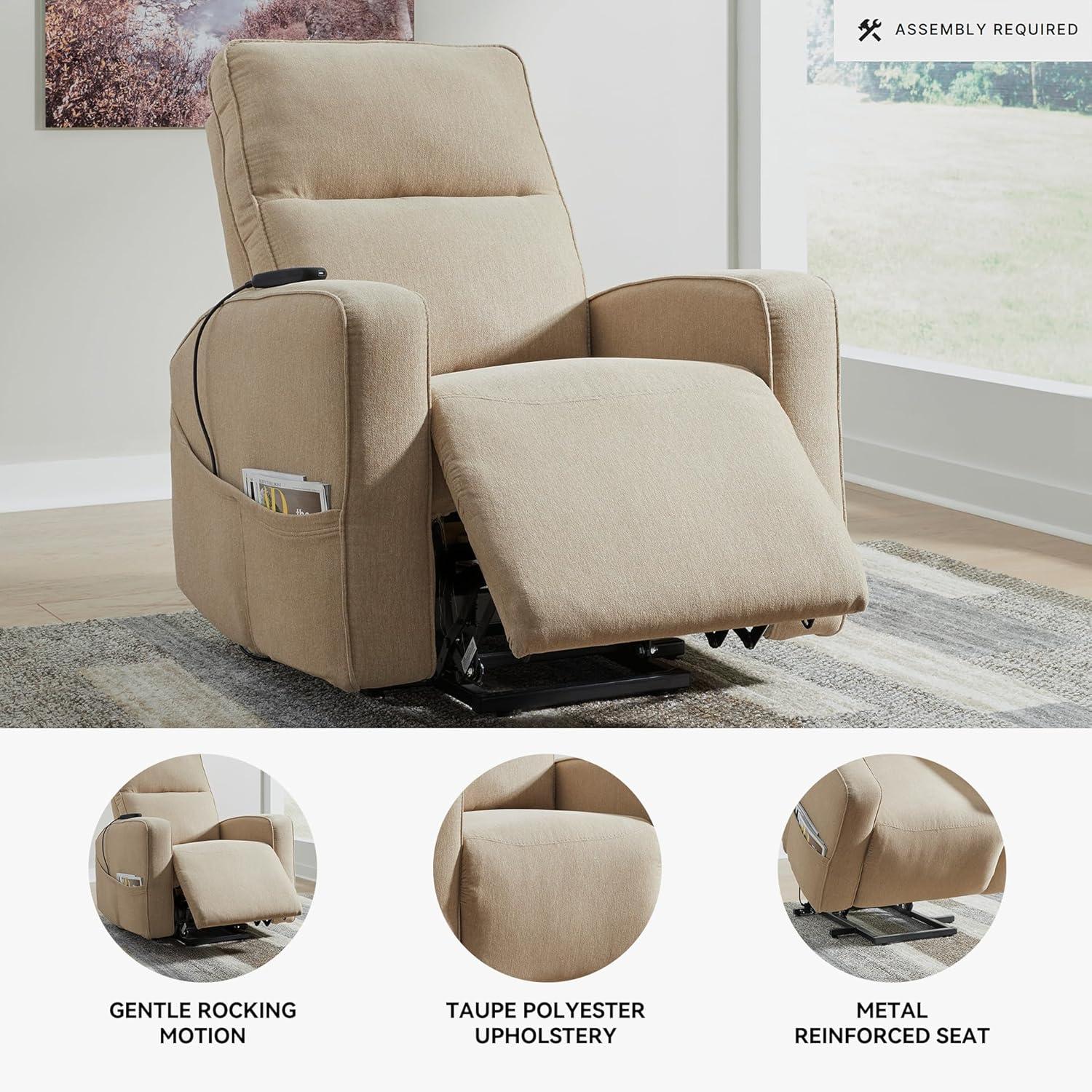 imageSignature Design by Ashley Starganza Modern Stain Resistant Power Lift Recliner with Heat Massage Function and Side Pocket BeigeBeige