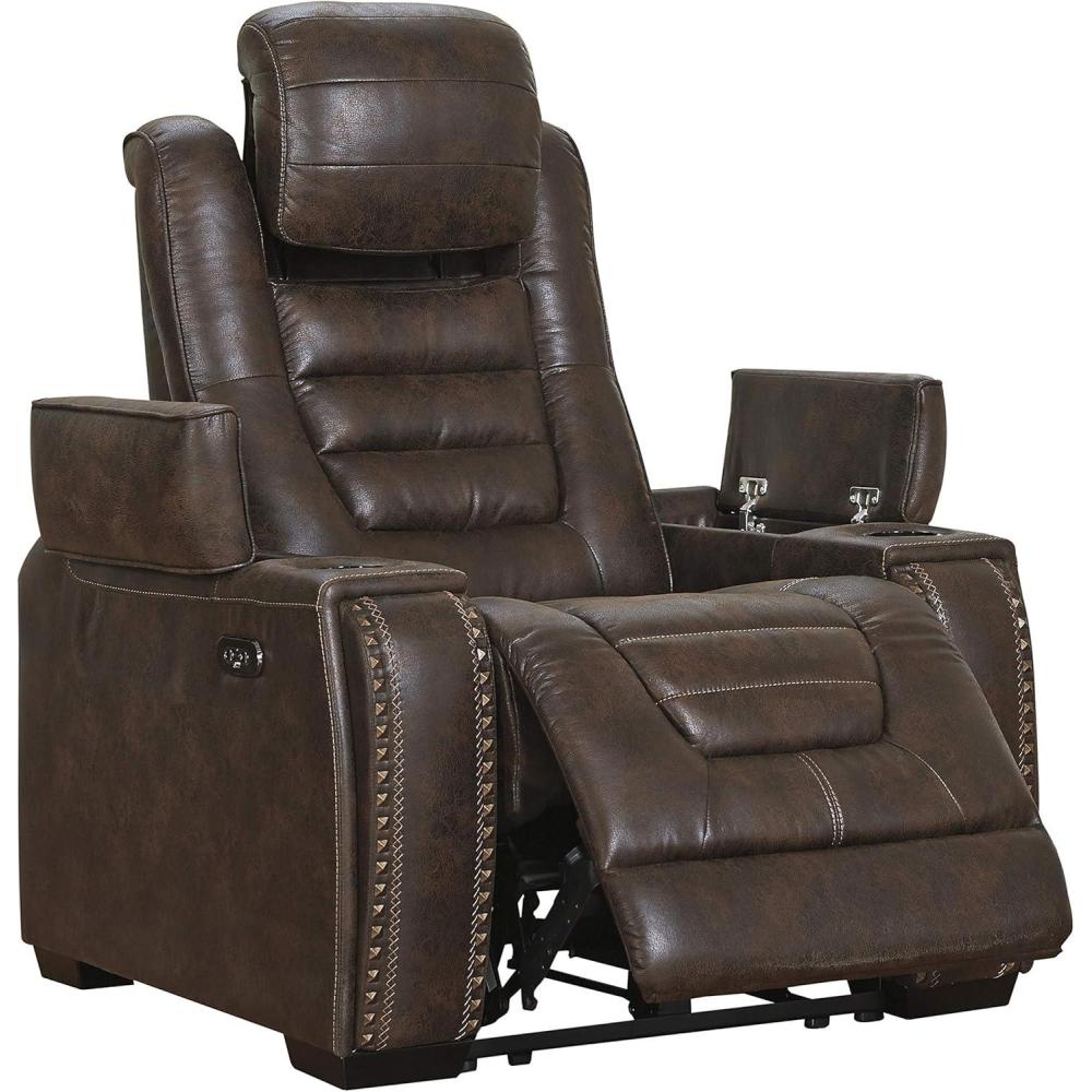 imageSignature Design by Ashley Broad Cove Casual LED Power Recliner with Adjustable Headrest Storage and USB Ports BlackDark Brown