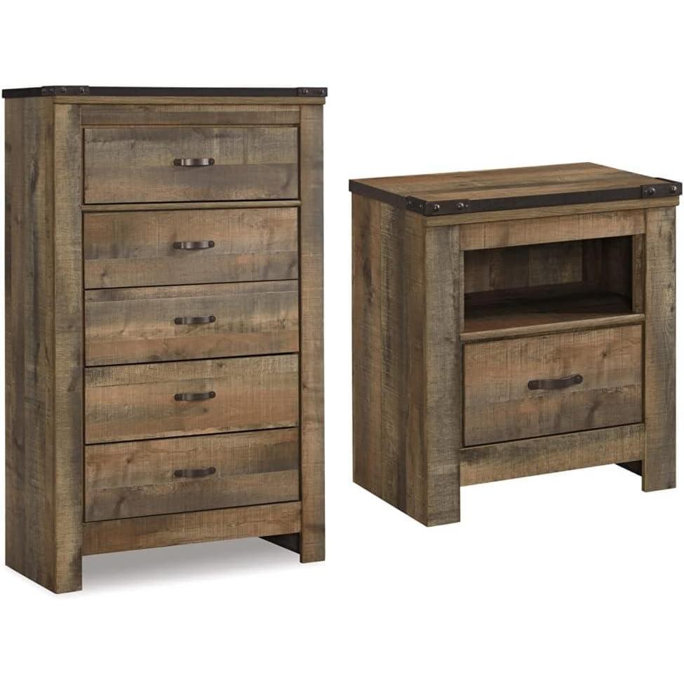 imageSignature Trinell Rustic 5Drawer Chest and 1Drawer Nightstand Bundle with USB Charging Warm Brown