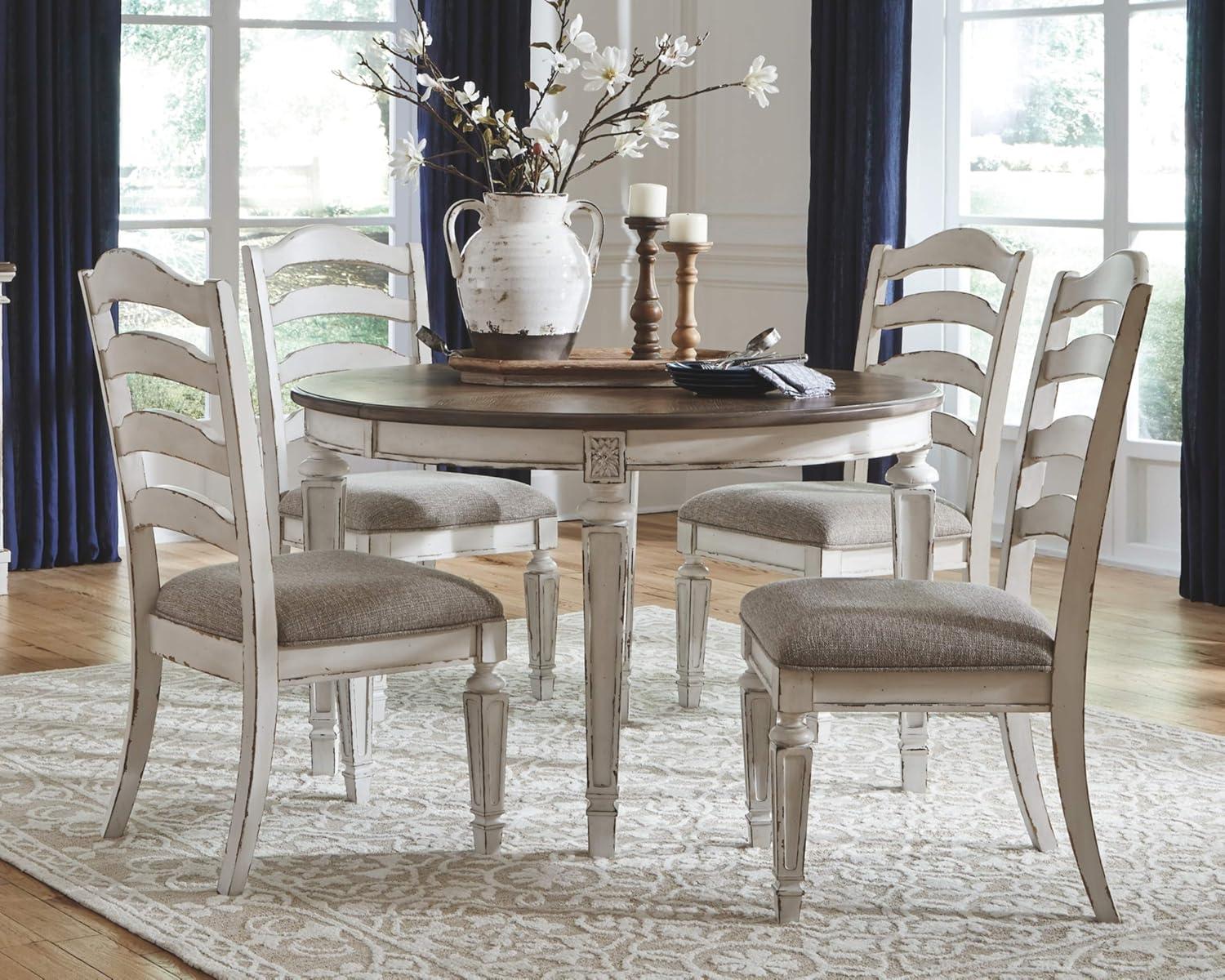 imageSignature Design by Ashley Realyn French Country Dining Extension Table Seats up to 8 Chipped White and 2 Upholstered Dining Chairs