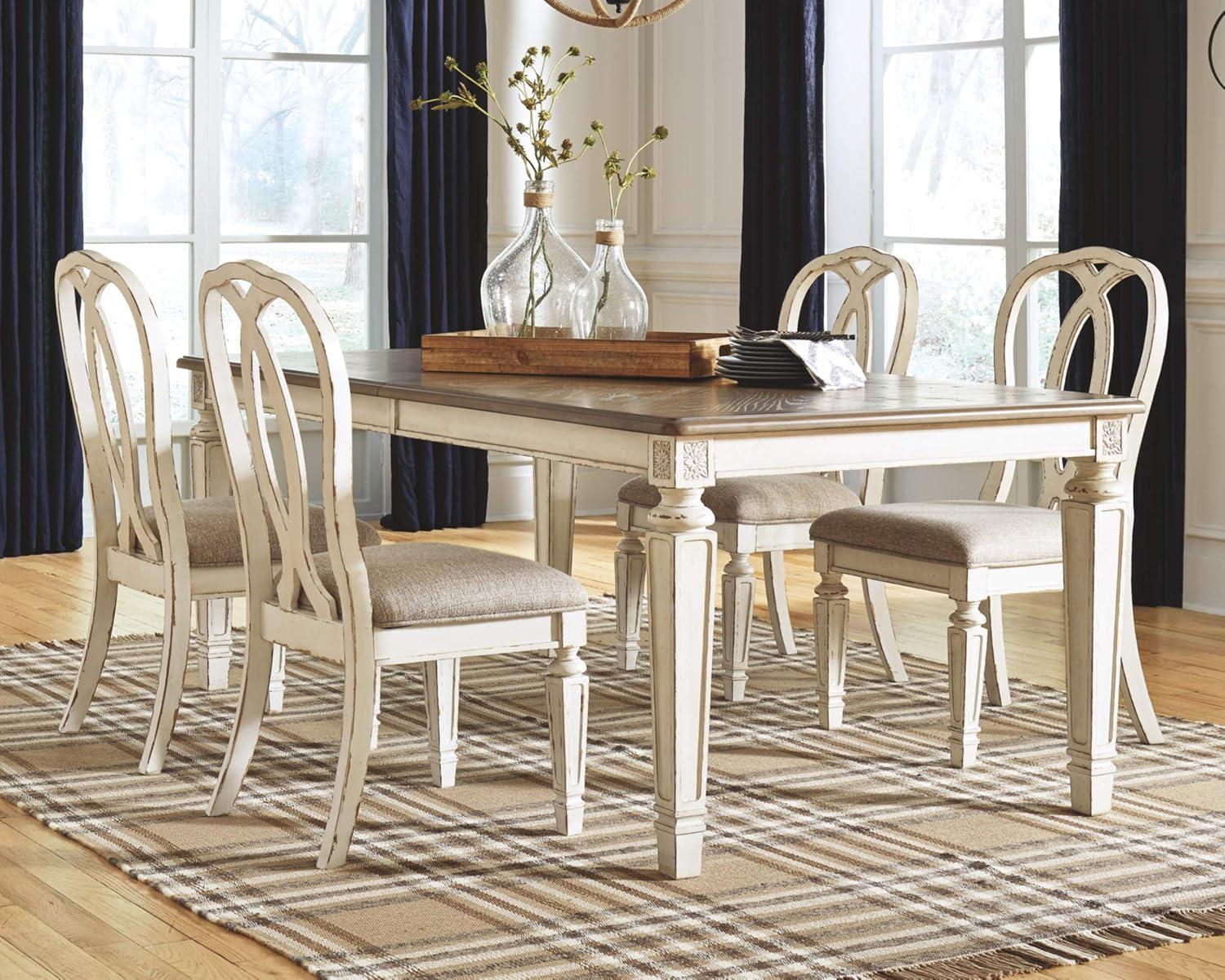 imageSignature Design by Ashley Realyn French Country Dining Extension Table Seats up to 8 Chipped White and 2 Upholstered Dining Chairs