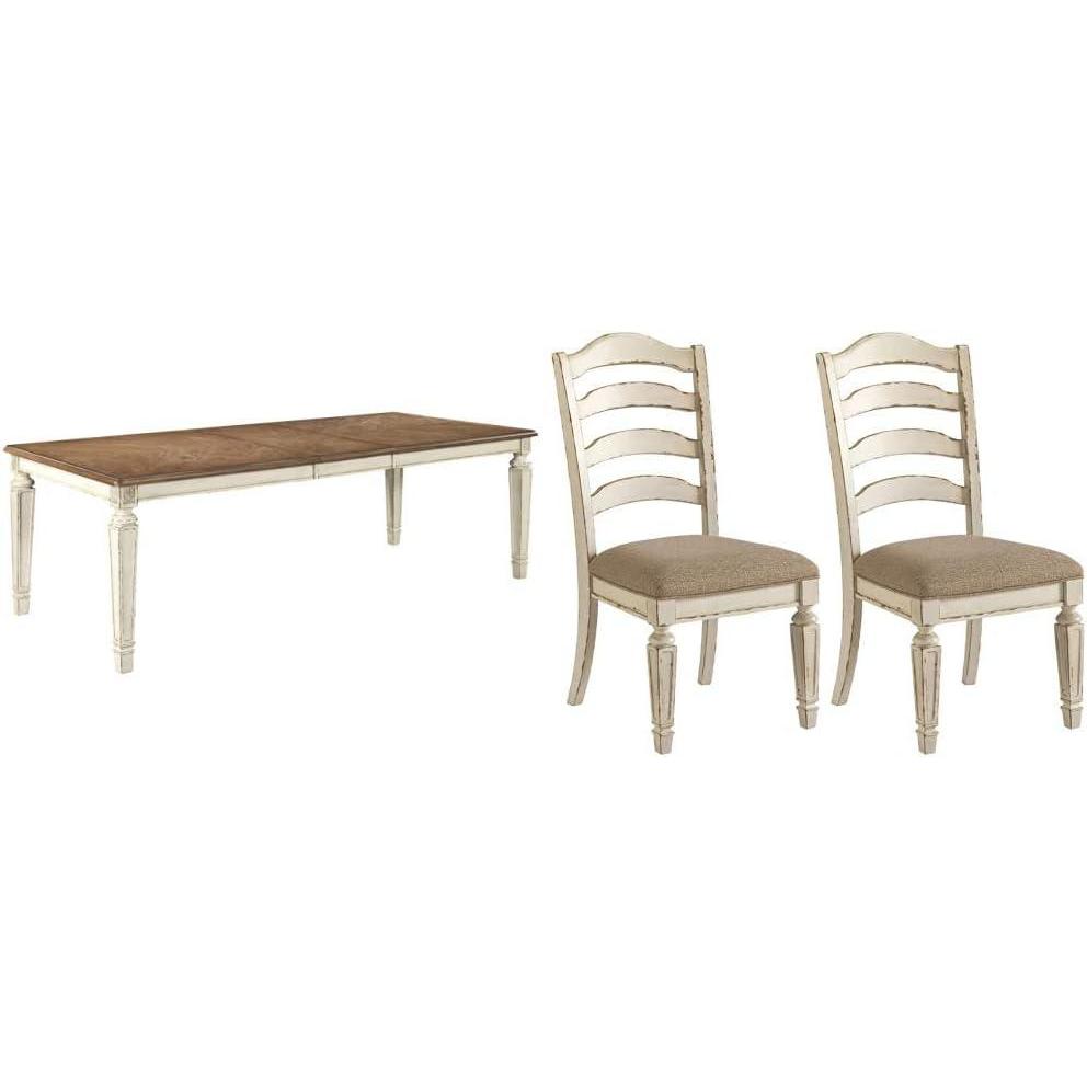 imageSignature Design by Ashley Realyn French Country Dining Extension Table Seats up to 8 Chipped White and 2 Upholstered Dining Chairs