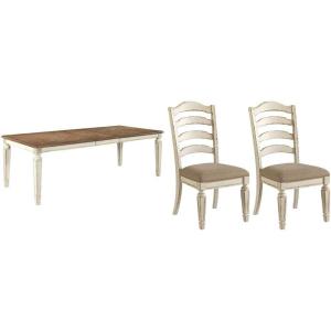 Signature Design by Ashley Realyn French Country Dining Extension Table, Seats up to 8, Chipped White and 2 Upholstered Dining Chairs