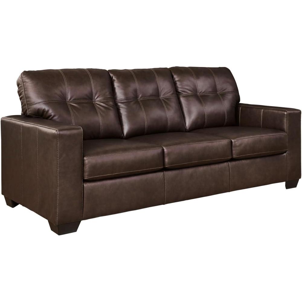 imageSignature Design by Ashley Santorine Classic Leather Match Tufted Sofa Sleeper with BiFold Memory Foam Mattress Queen BlueDark Brown