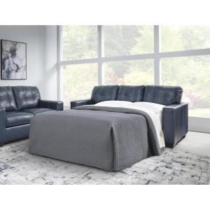 Signature Design by Ashley Santorine Classic Leather Match Tufted Sofa Sleeper with Bi-Fold Memory Foam Mattress, Queen, Blue(Blue)