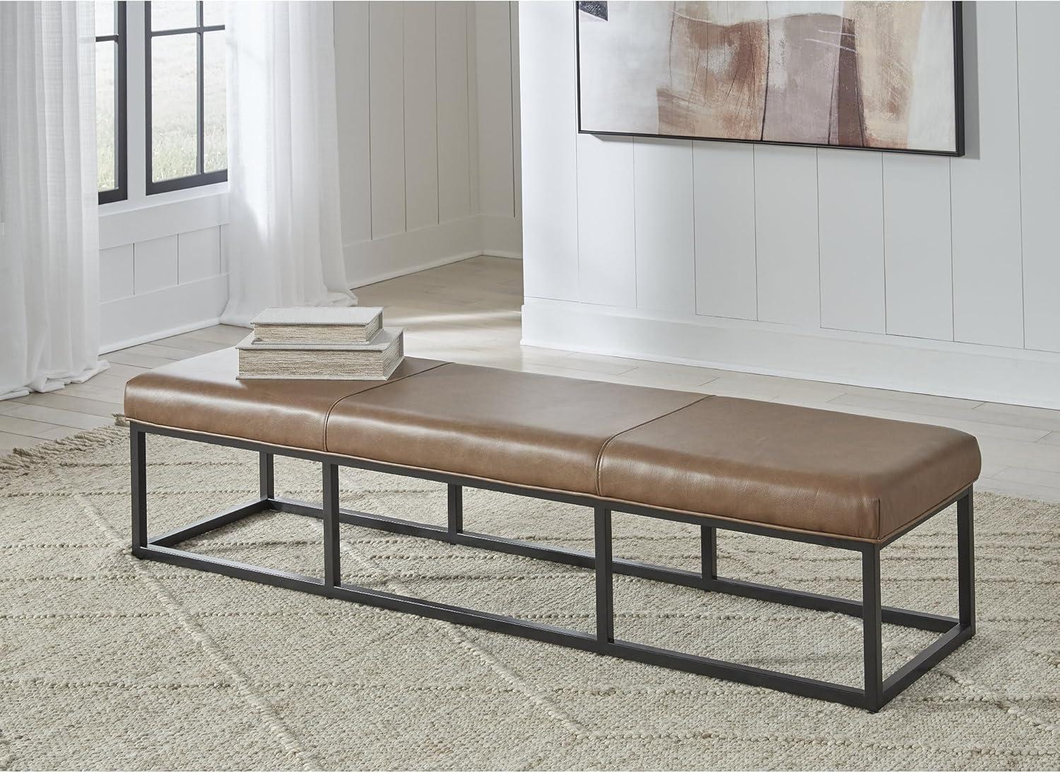 imageSignature Design by Ashley Joston Contemporary Leather Upholstered Accent Bench with Metal Frame Light Brown ampamp Black