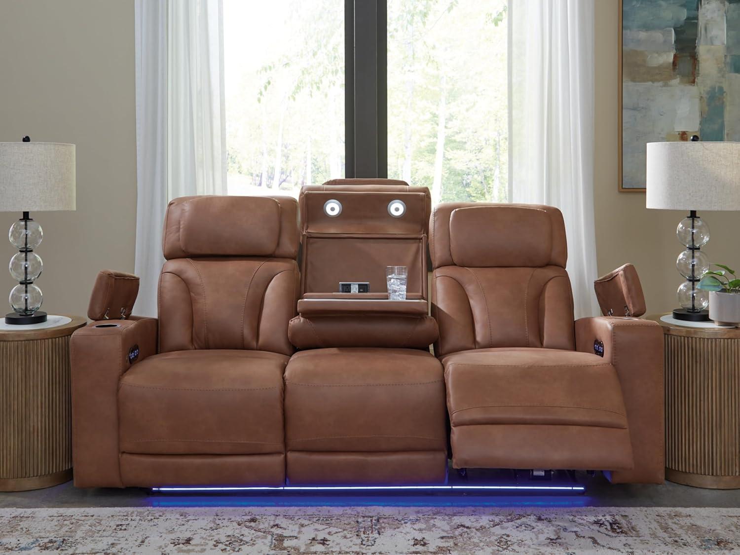 imageSignature Design by Ashley Wonder Waves Contemporary Faux Leather Power Reclining Sofa with Adjustable Headrest LED Lighting and USB Ports Brown