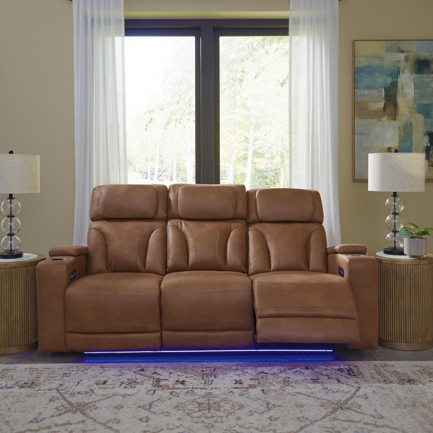 imageSignature Design by Ashley Wonder Waves Contemporary Faux Leather Power Reclining Sofa with Adjustable Headrest LED Lighting and USB Ports Brown