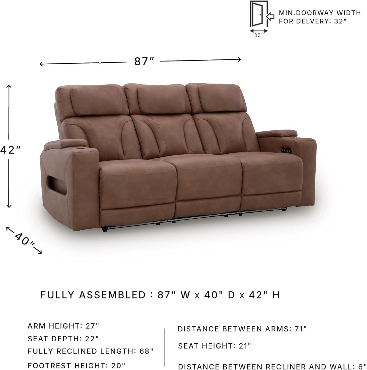 imageSignature Design by Ashley Wonder Waves Contemporary Faux Leather Power Reclining Sofa with Adjustable Headrest LED Lighting and USB Ports Brown