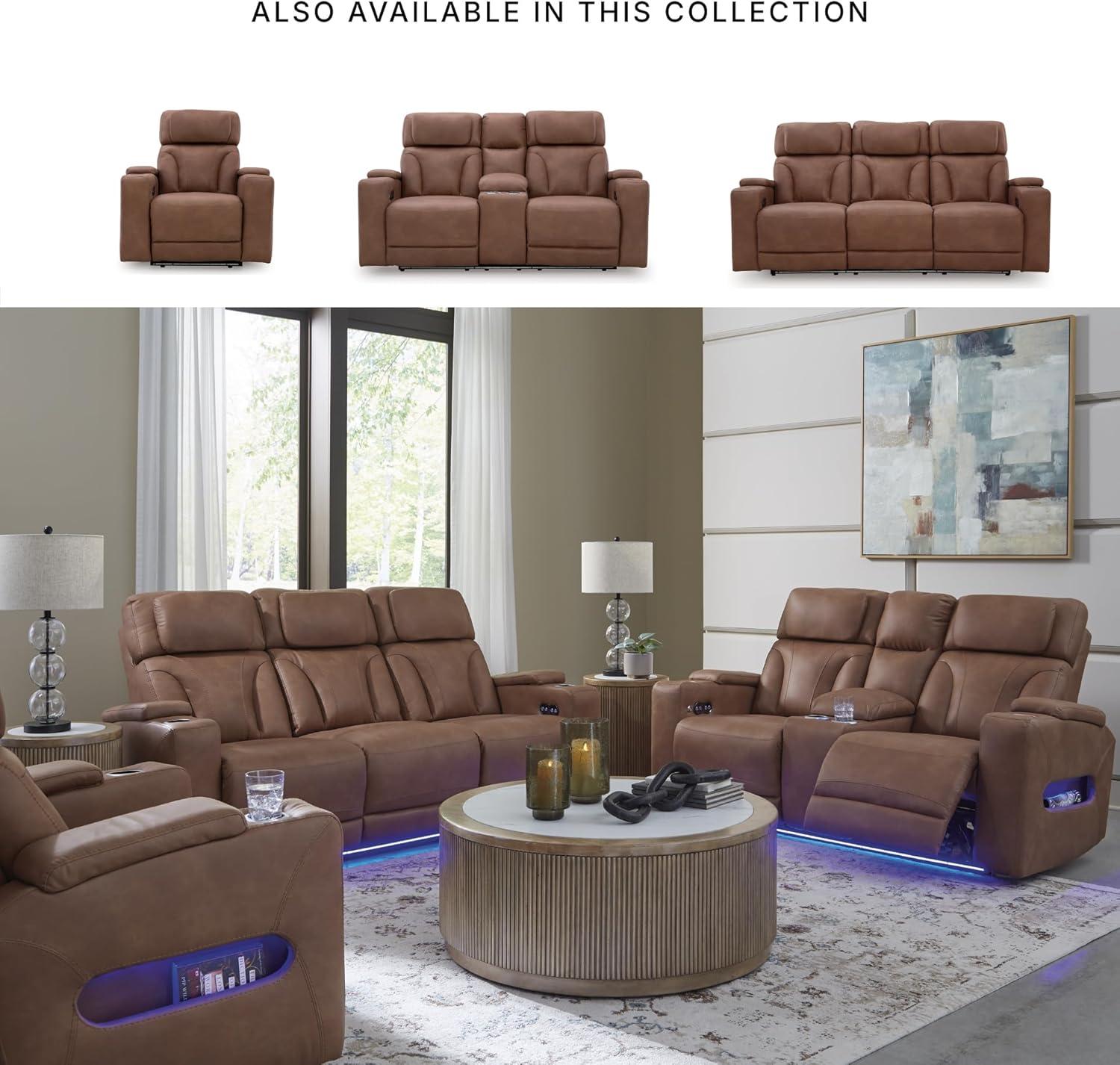 imageSignature Design by Ashley Wonder Waves Contemporary Faux Leather Power Reclining Sofa with Adjustable Headrest LED Lighting and USB Ports Brown
