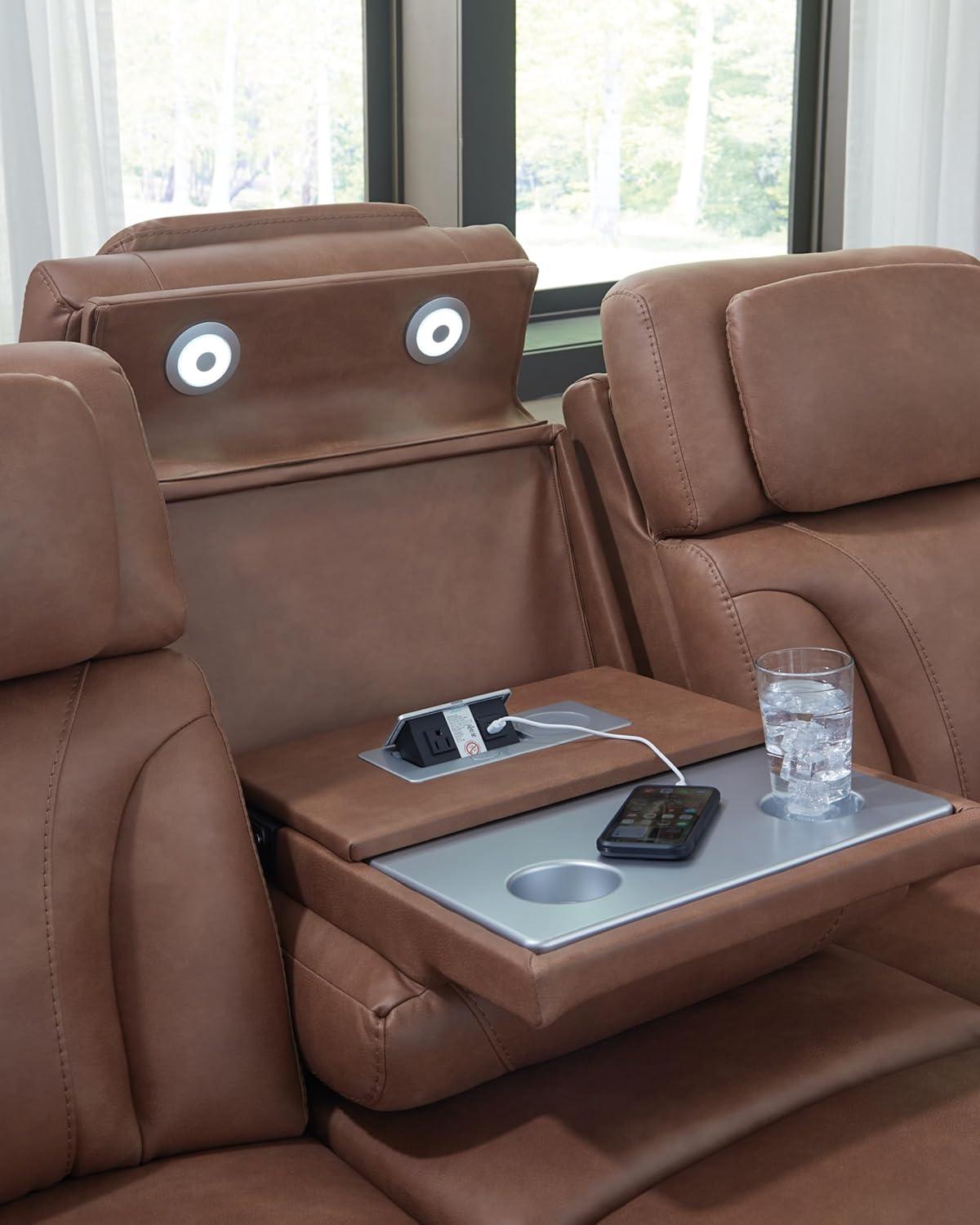 imageSignature Design by Ashley Wonder Waves Contemporary Faux Leather Power Reclining Sofa with Adjustable Headrest LED Lighting and USB Ports Brown
