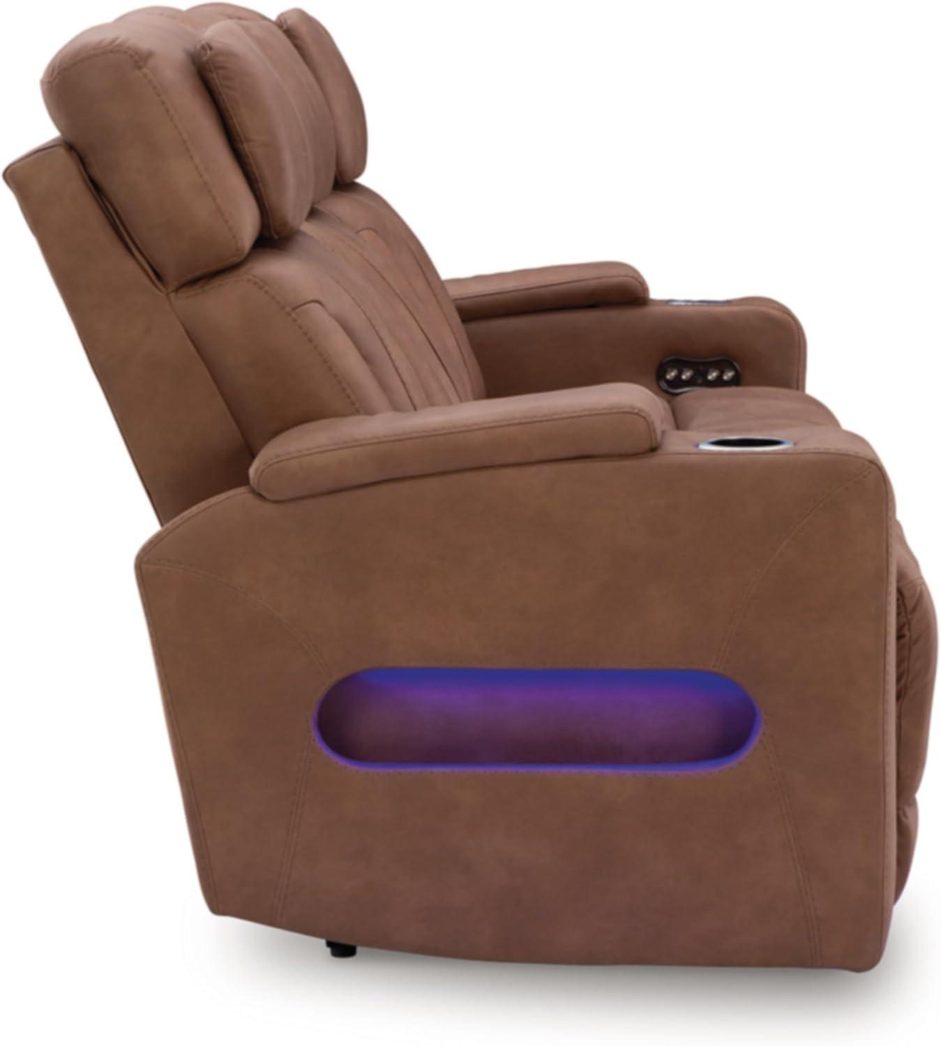 imageSignature Design by Ashley Wonder Waves Contemporary Faux Leather Power Reclining Sofa with Adjustable Headrest LED Lighting and USB Ports Brown