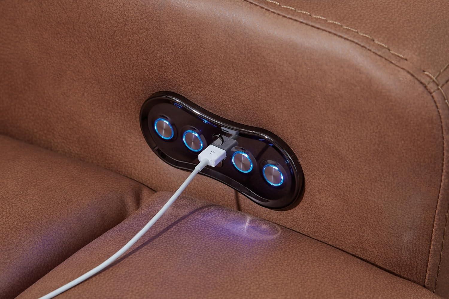 imageSignature Design by Ashley Wonder Waves Contemporary Faux Leather Power Reclining Sofa with Adjustable Headrest LED Lighting and USB Ports Brown