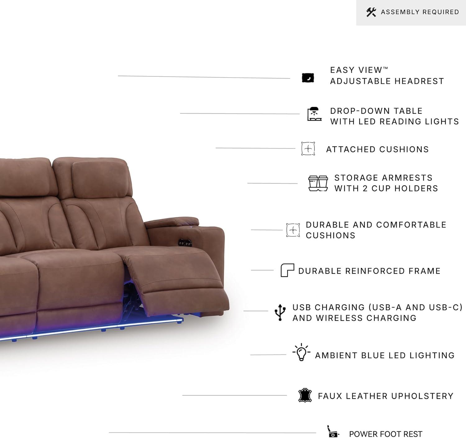 imageSignature Design by Ashley Wonder Waves Contemporary Faux Leather Power Reclining Sofa with Adjustable Headrest LED Lighting and USB Ports Brown