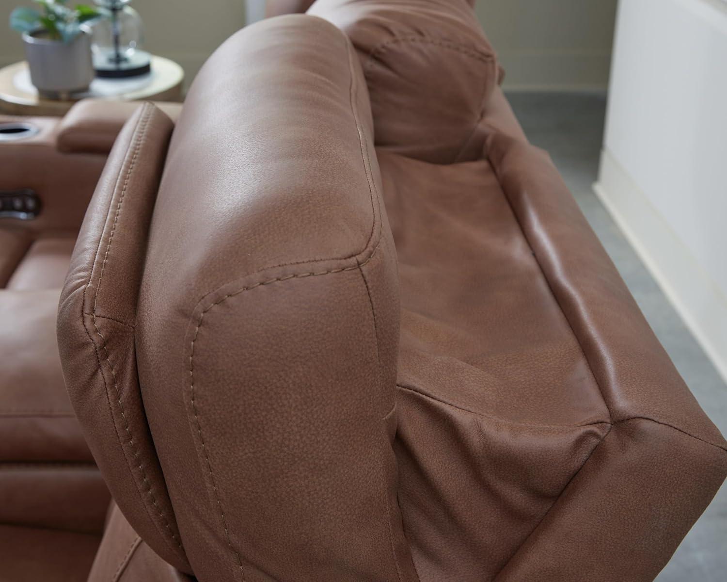 imageSignature Design by Ashley Wonder Waves Contemporary Faux Leather Power Reclining Sofa with Adjustable Headrest LED Lighting and USB Ports Brown