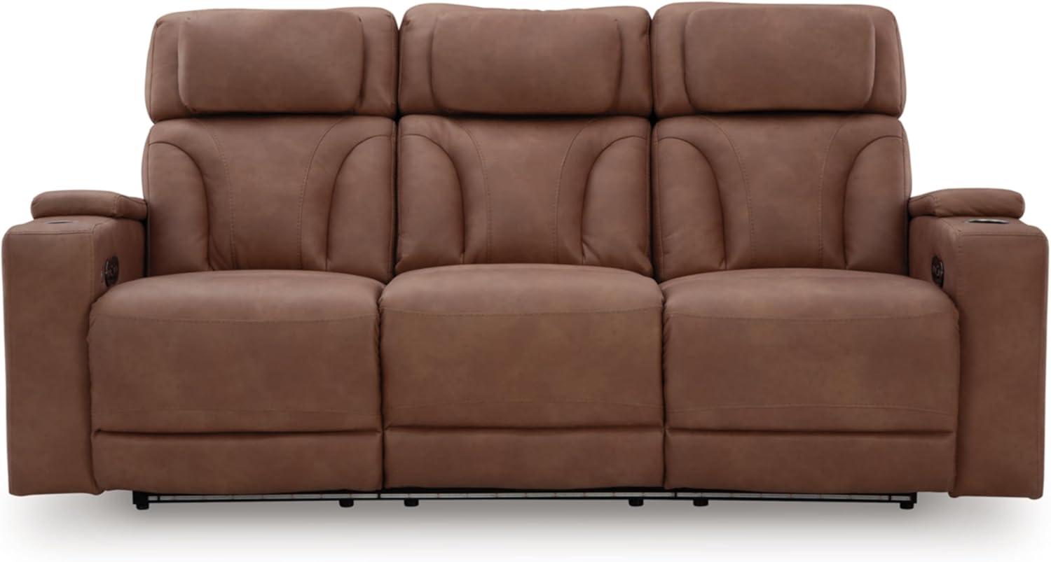 imageSignature Design by Ashley Wonder Waves Contemporary Faux Leather Power Reclining Sofa with Adjustable Headrest LED Lighting and USB Ports Brown
