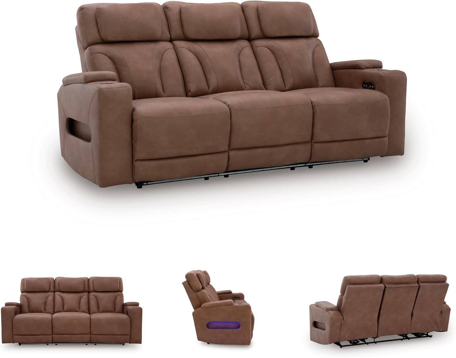 imageSignature Design by Ashley Wonder Waves Contemporary Faux Leather Power Reclining Sofa with Adjustable Headrest LED Lighting and USB Ports Brown