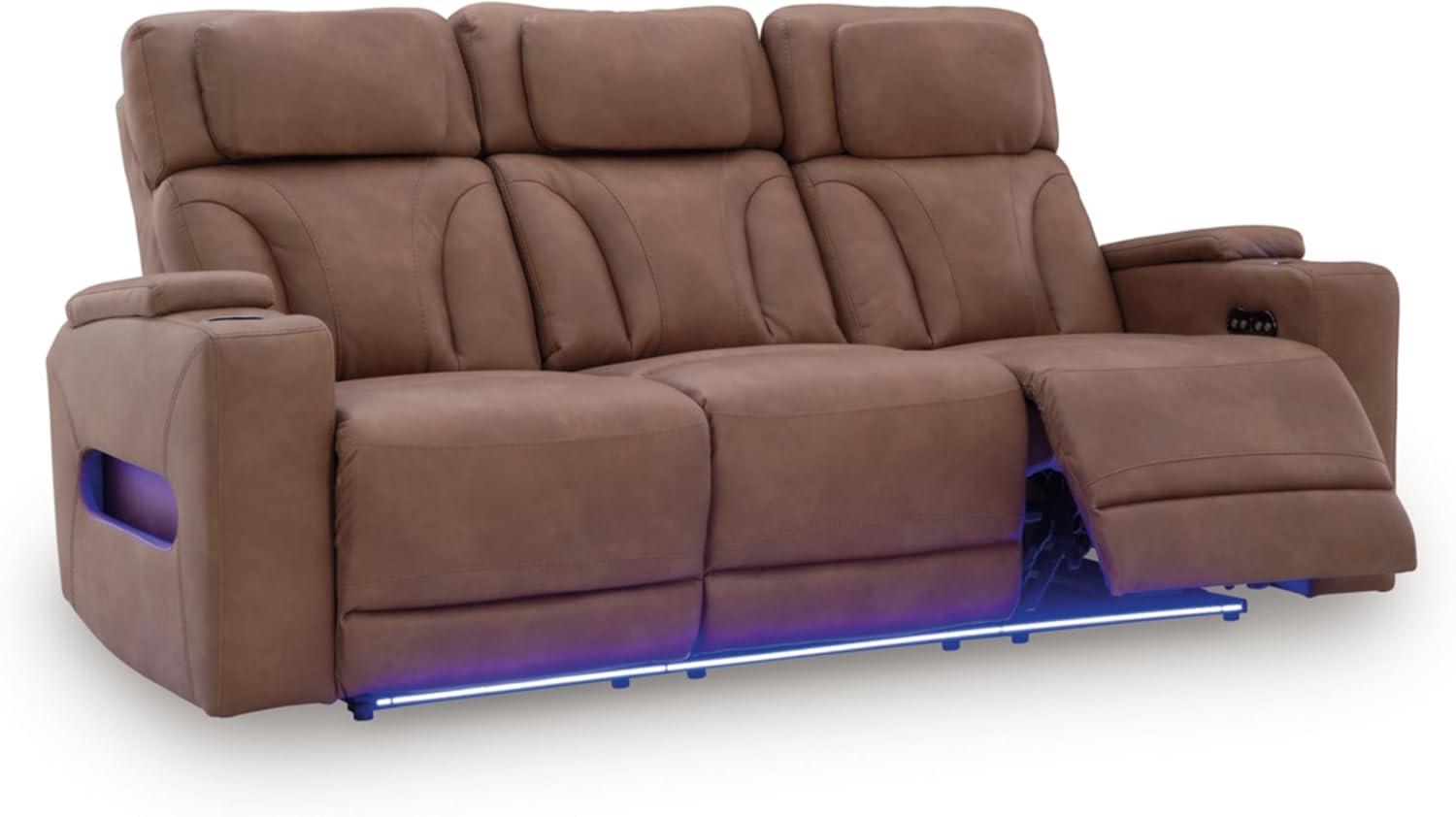 imageSignature Design by Ashley Wonder Waves Contemporary Faux Leather Power Reclining Sofa with Adjustable Headrest LED Lighting and USB Ports Brown