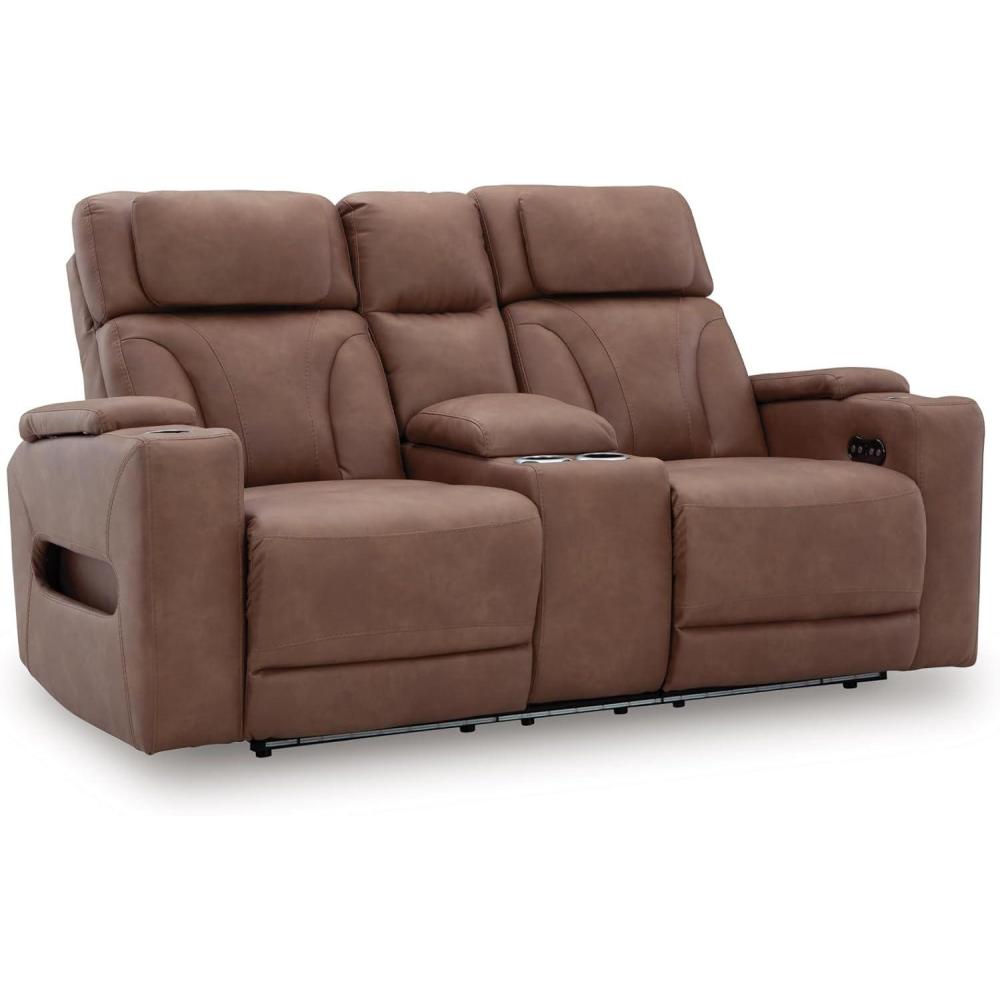 imageSignature Design by Ashley Broad Cove Modern Power Reclining Sofa with Drop Down Table Audio Sound System and Adjustable Headrest BlackCaramel