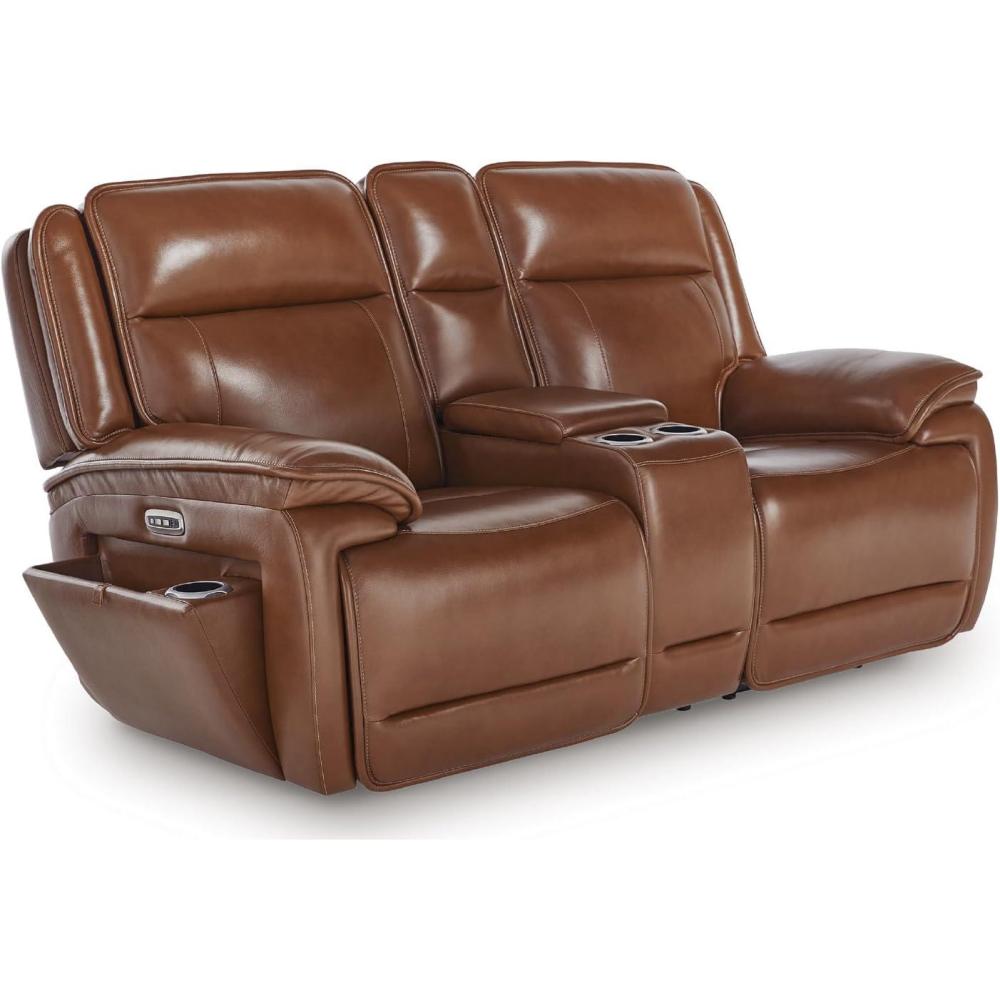 imageSignature Design by Ashley Broad Cove Modern Power Reclining Sofa with Drop Down Table Audio Sound System and Adjustable Headrest BlackChocolate
