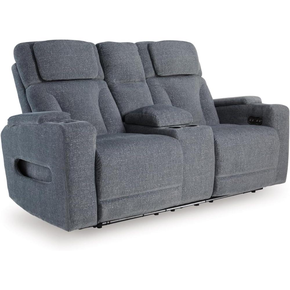 imageSignature Design by Ashley Broad Cove Modern Power Reclining Sofa with Drop Down Table Audio Sound System and Adjustable Headrest BlackSteel