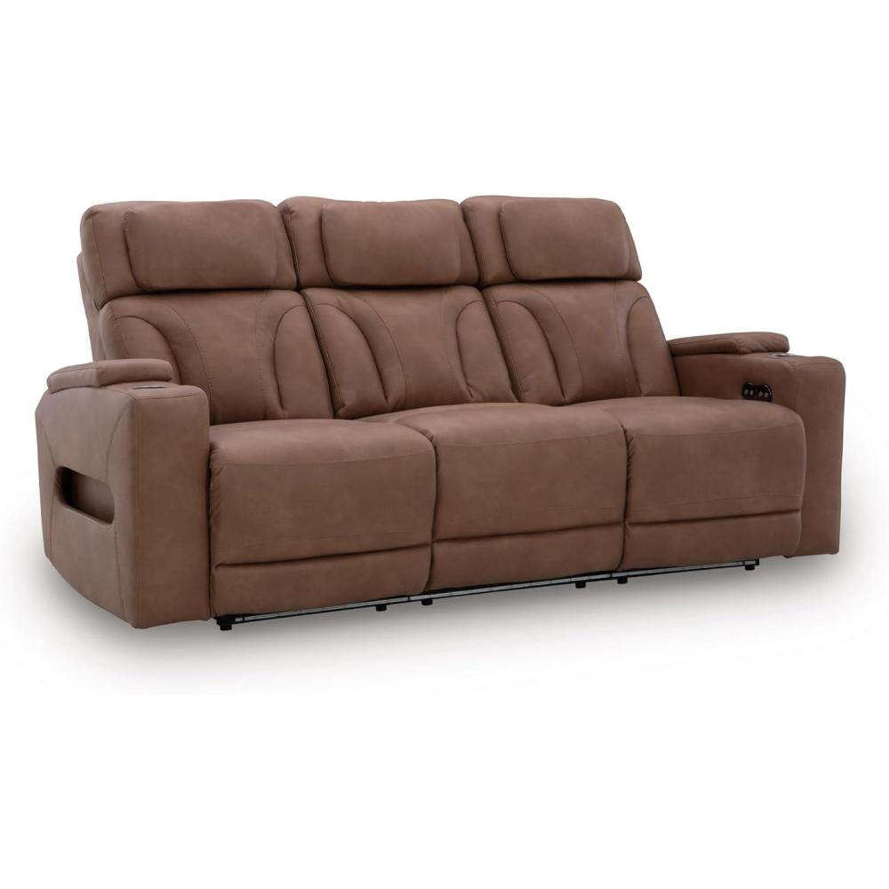 imageSignature Design by Ashley Wonder Waves Contemporary Faux Leather Power Reclining Sofa with Adjustable Headrest LED Lighting and USB Ports Brown