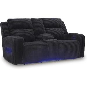 Signature Design by Ashley Broad Cove Modern Power Reclining Sofa with Drop Down Table, Audio Sound System and Adjustable Headrest, Black(Black)