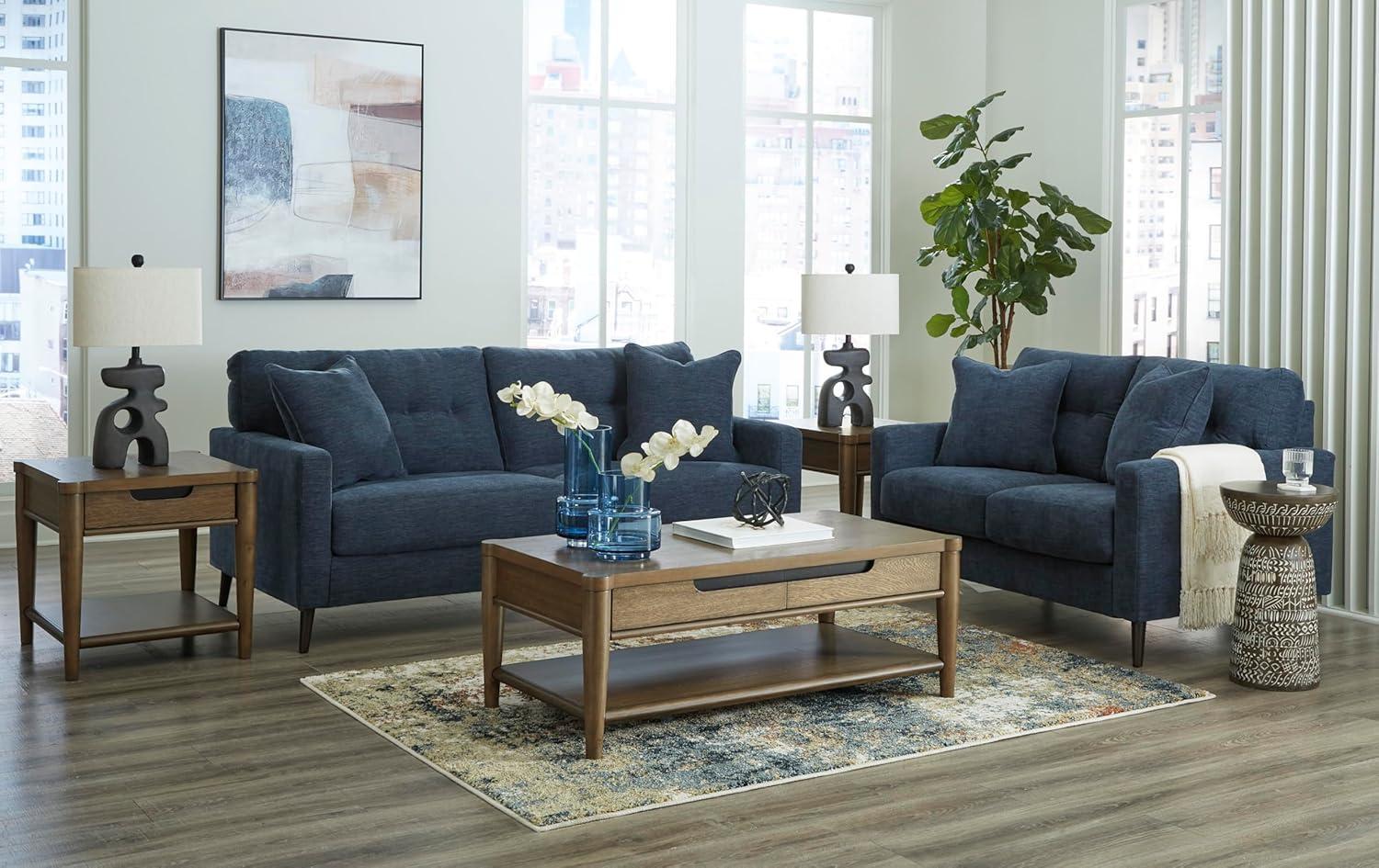imageSignature Design by Ashley Bixler MidCentury Modern Tufted Loveseat with 2 Toss Pillows GreenBlue