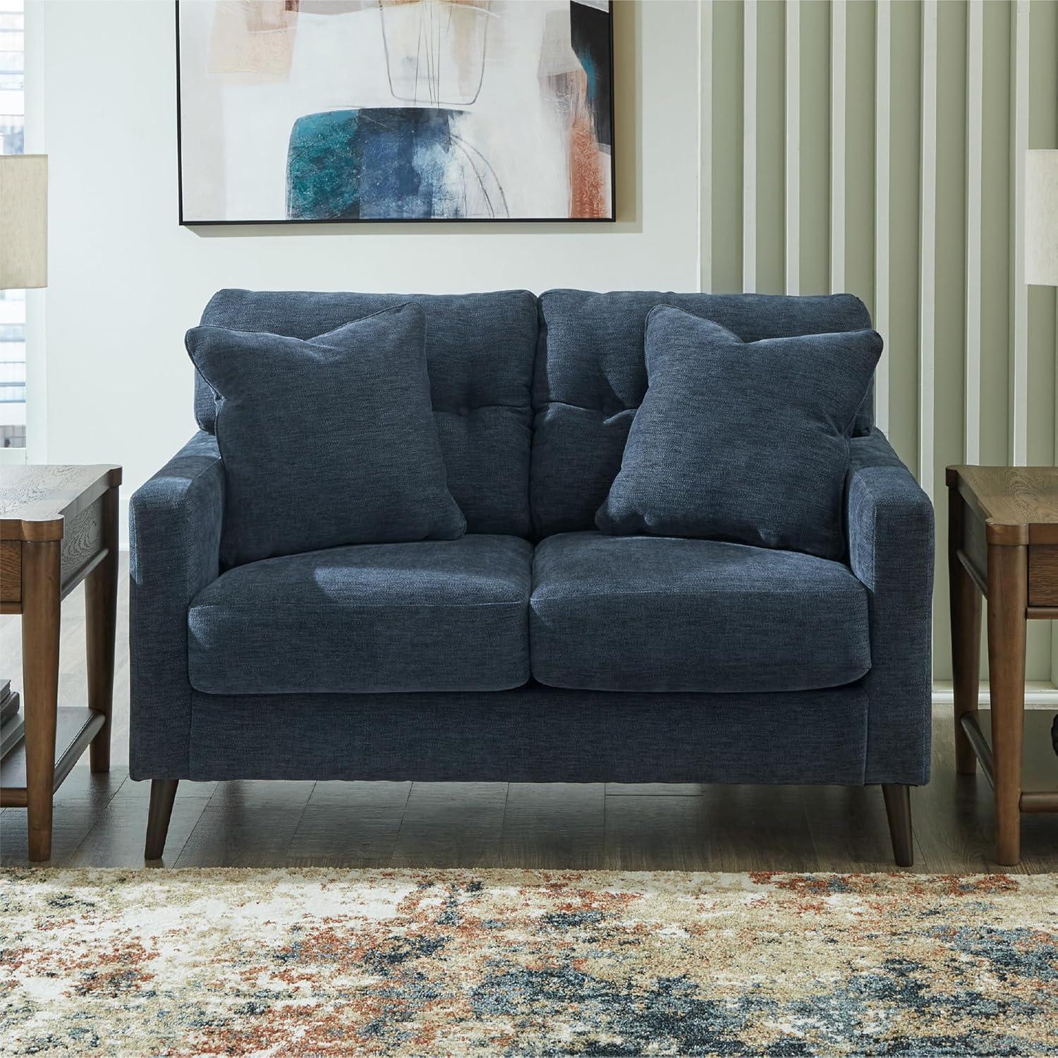 imageSignature Design by Ashley Bixler MidCentury Modern Tufted Loveseat with 2 Toss Pillows GreenBlue