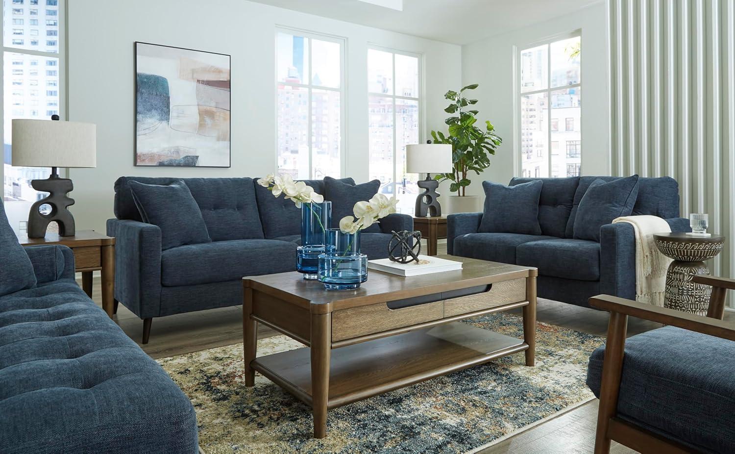 imageSignature Design by Ashley Bixler MidCentury Modern Tufted Loveseat with 2 Toss Pillows GreenBlue
