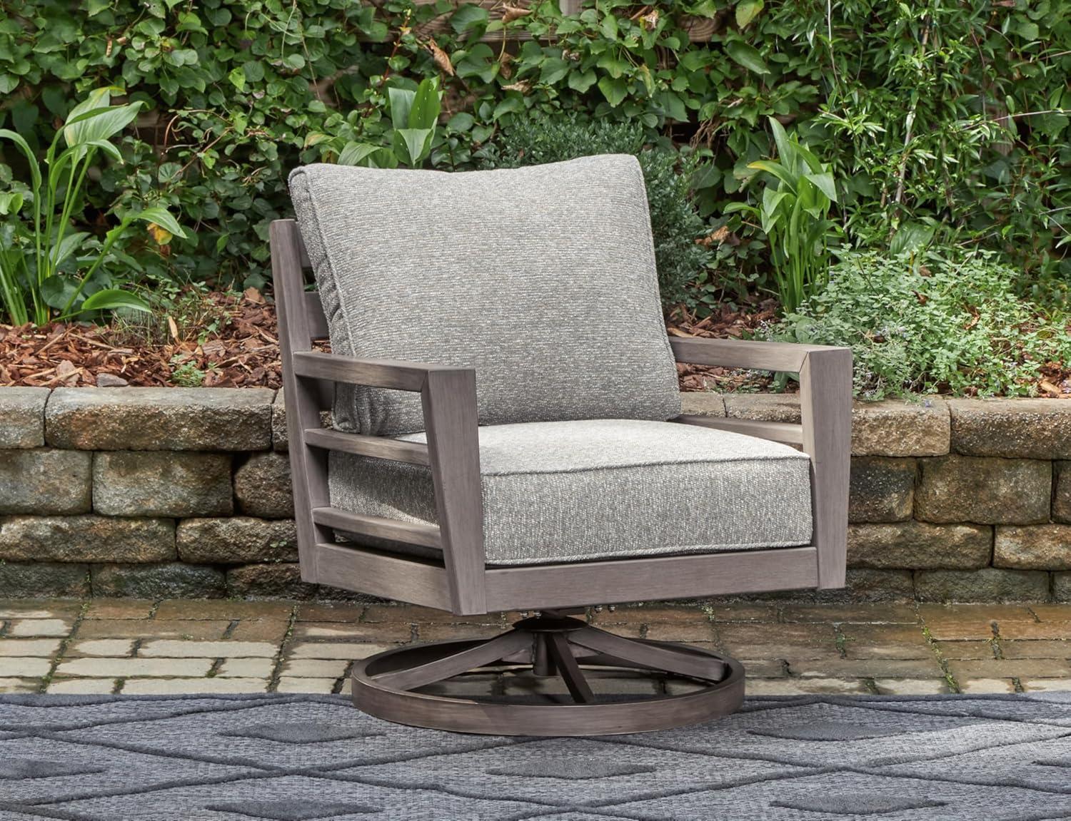 imageSignature Design by Ashley Hillside Barn Urban Nuvella Weather Resistant Fabric Outdoor Swivel Lounge with Cushion Light Brown ampamp Light Gray