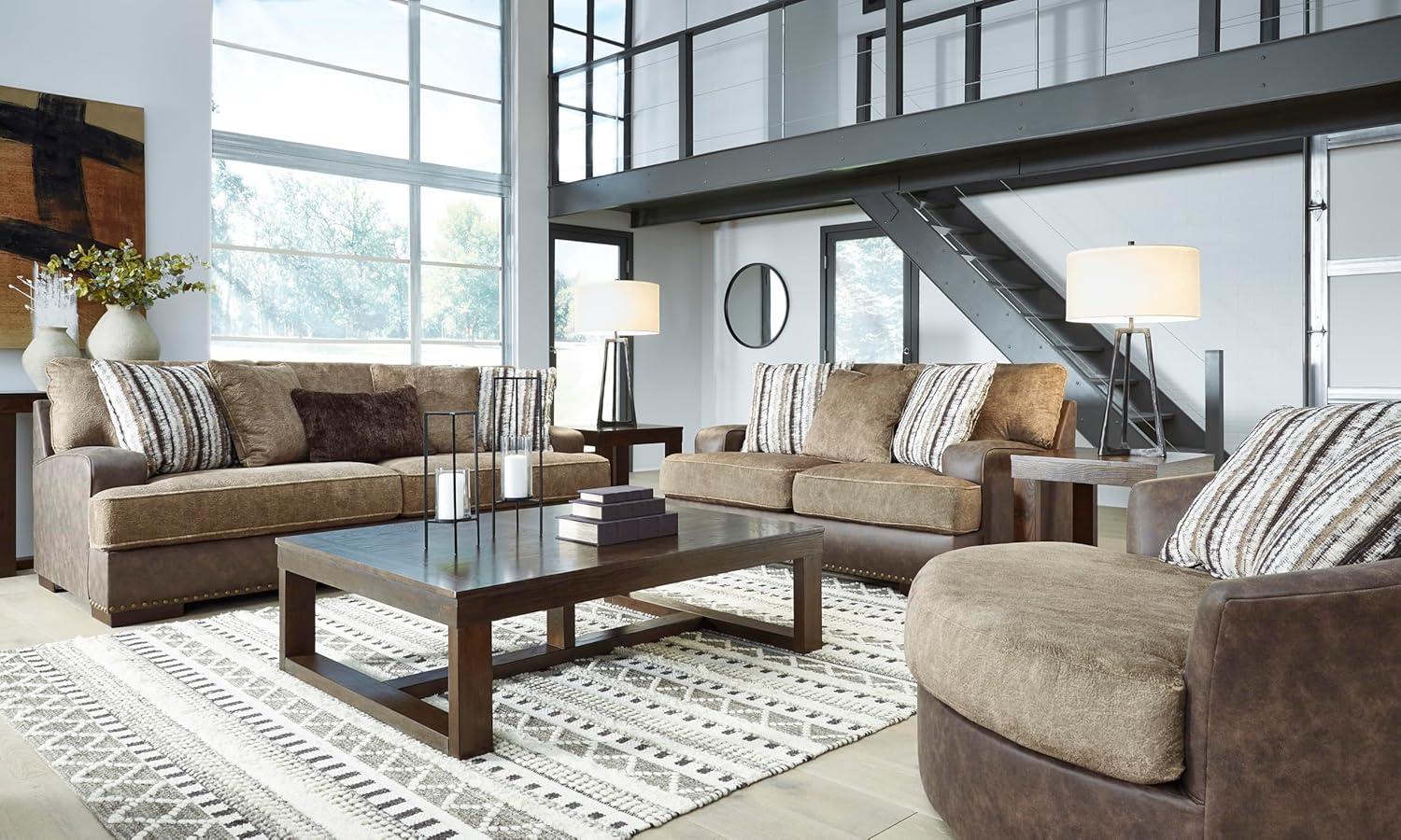 imageSignature Design by Ashley Maggie Contemporary Upholstered Loveseat with Accent Pillows OffWhiteDark Brown Light Brown