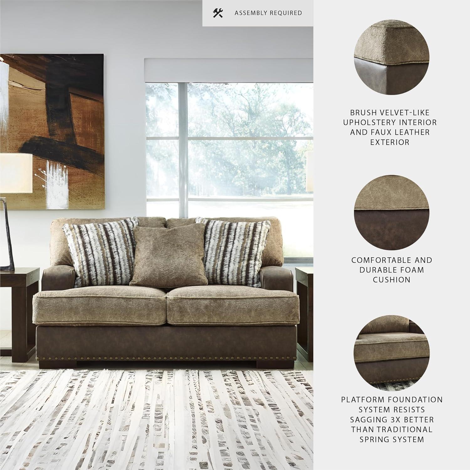 imageSignature Design by Ashley Maggie Contemporary Upholstered Loveseat with Accent Pillows OffWhiteDark Brown Light Brown