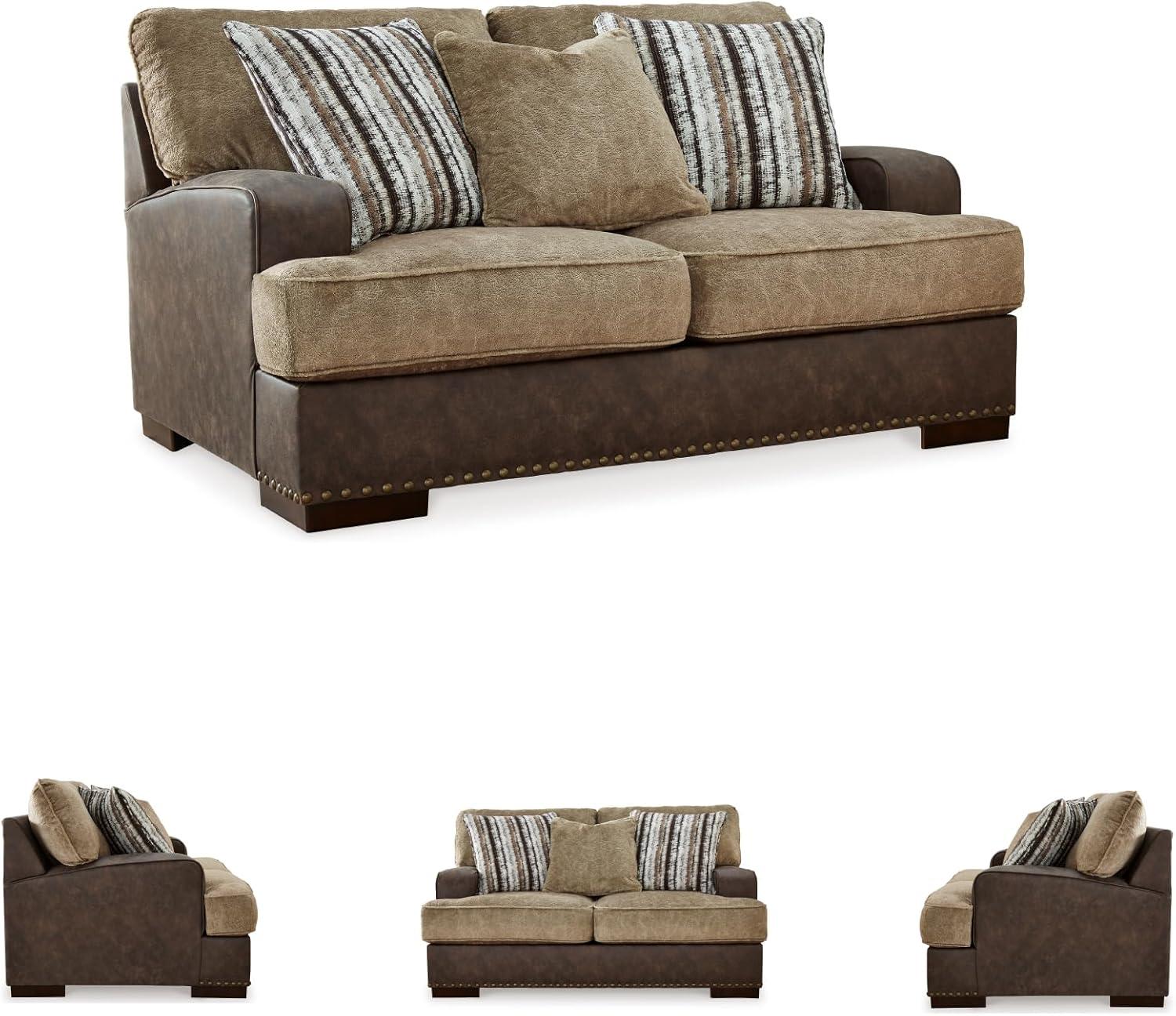 imageSignature Design by Ashley Maggie Contemporary Upholstered Loveseat with Accent Pillows OffWhiteDark Brown Light Brown