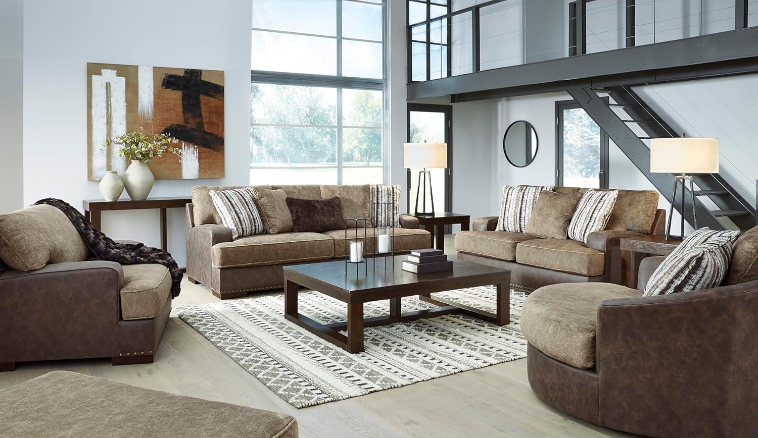 imageSignature Design by Ashley Maggie Contemporary Upholstered Loveseat with Accent Pillows OffWhiteDark Brown Light Brown