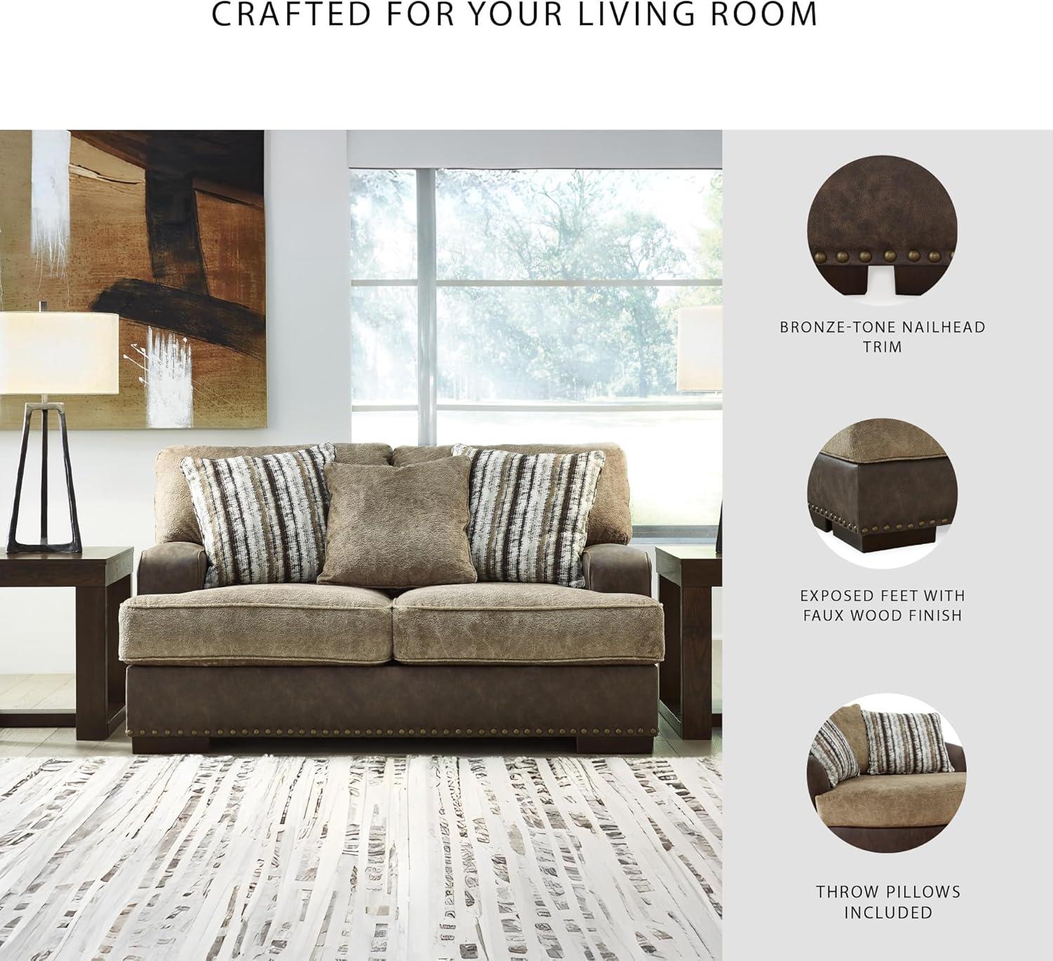imageSignature Design by Ashley Maggie Contemporary Upholstered Loveseat with Accent Pillows OffWhiteDark Brown Light Brown