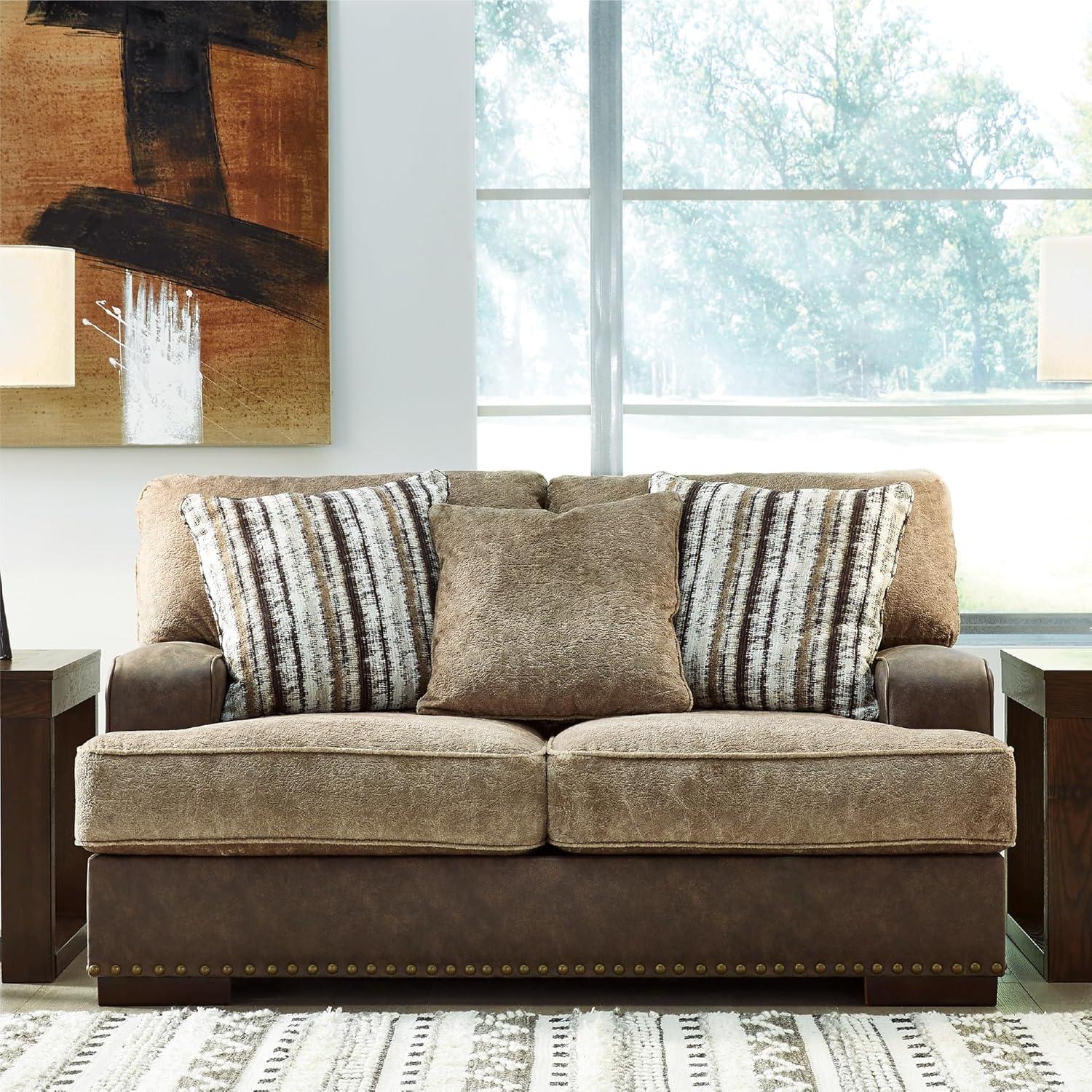 imageSignature Design by Ashley Maggie Contemporary Upholstered Loveseat with Accent Pillows OffWhiteDark Brown Light Brown