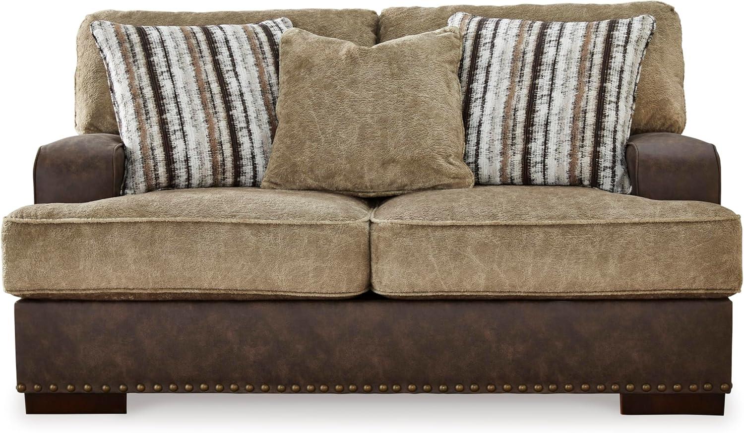 imageSignature Design by Ashley Maggie Contemporary Upholstered Loveseat with Accent Pillows OffWhiteDark Brown Light Brown