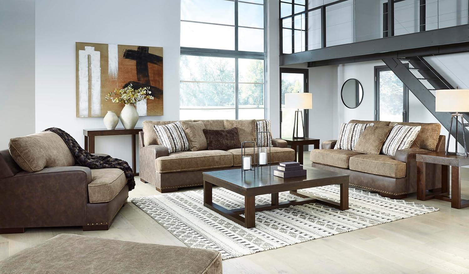 imageSignature Design by Ashley Maggie Contemporary Upholstered Loveseat with Accent Pillows OffWhiteDark Brown Light Brown