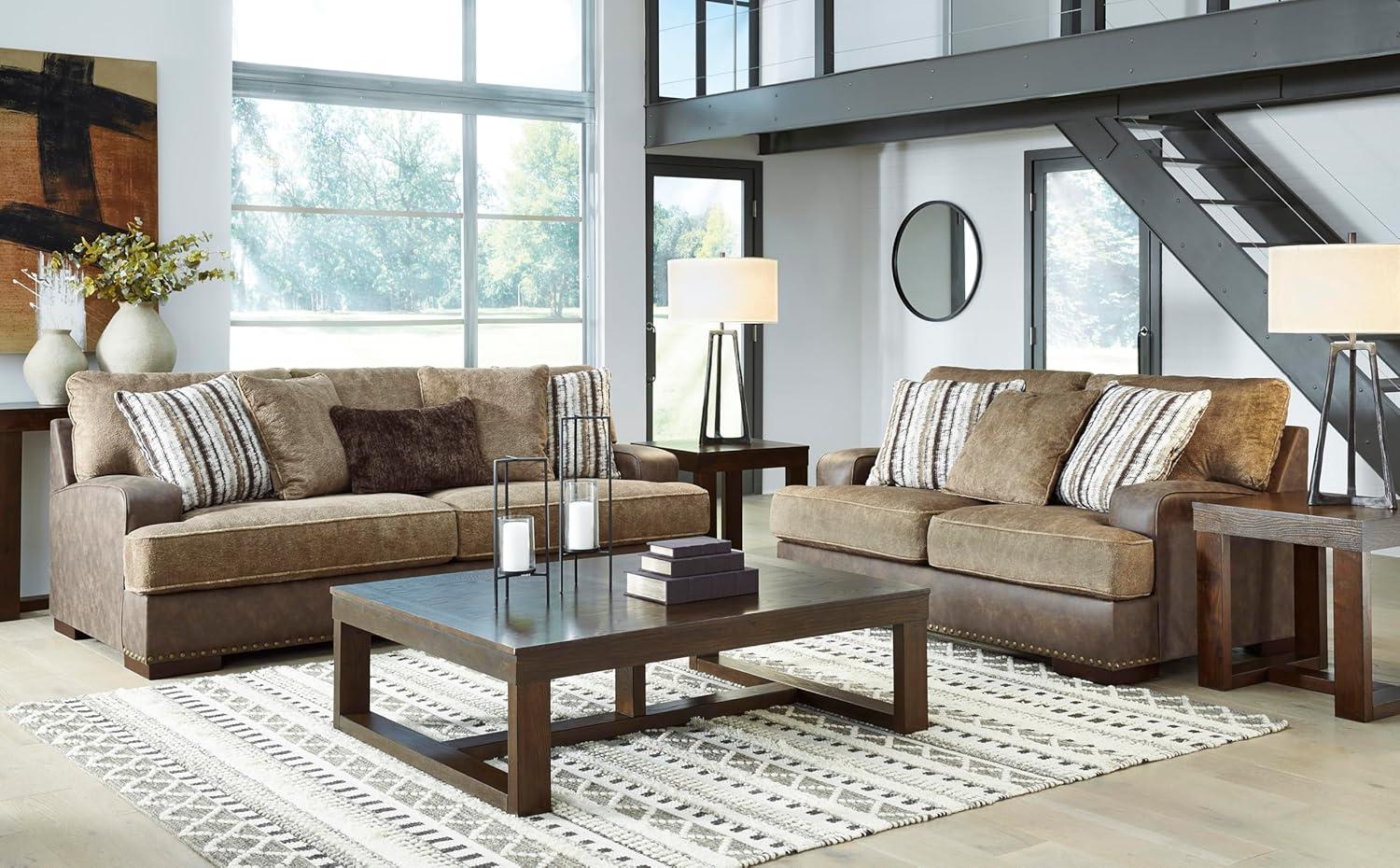 imageSignature Design by Ashley Maggie Contemporary Upholstered Loveseat with Accent Pillows OffWhiteDark Brown Light Brown