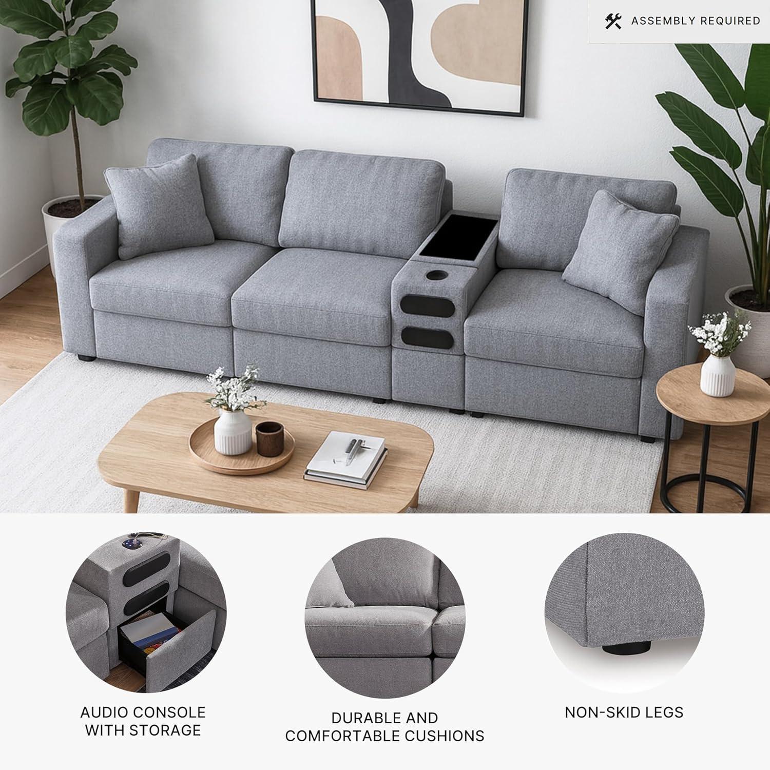 imageSignature Design by Ashley Modmax Contemporary Modular Stain Resistant 3Piece Sofa with Removable Zippered Covers and 2 Accent Pillows Reversible Back and Seat Cushions BlueLight Gray