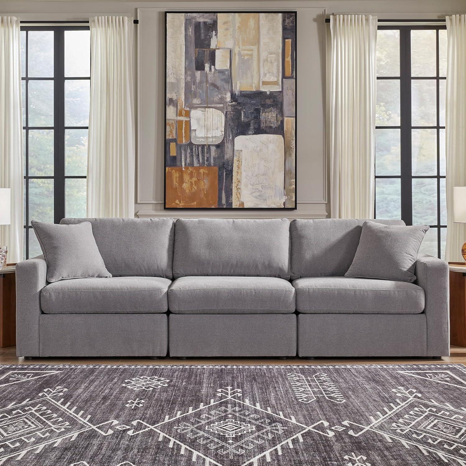 imageSignature Design by Ashley Modmax Contemporary Modular Stain Resistant 3Piece Sofa with Removable Zippered Covers and 2 Accent Pillows Reversible Back and Seat Cushions BlueLight Gray