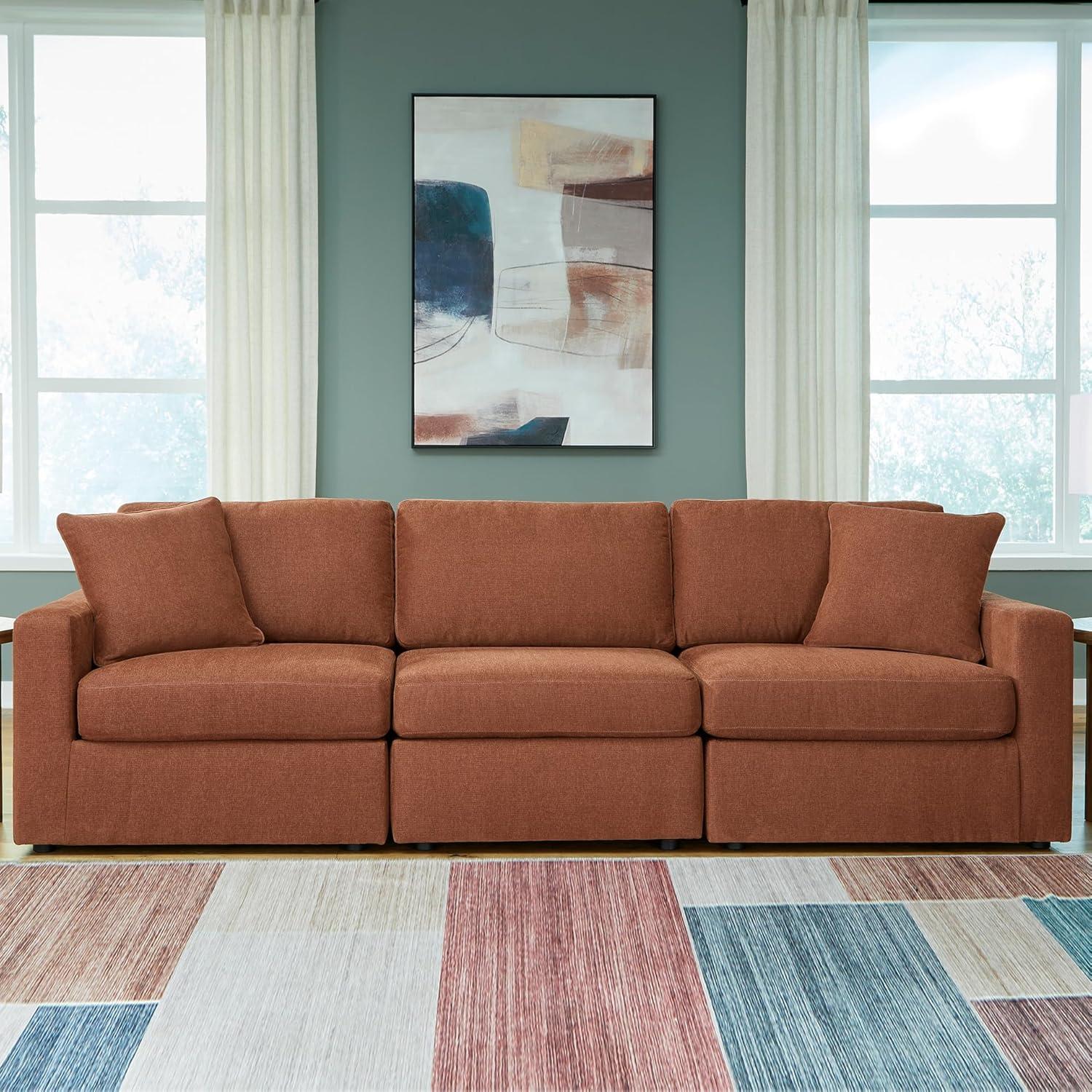 imageSignature Design by Ashley Modmax Contemporary Modular Stain Resistant 3Piece Sofa with Removable Zippered Covers and 2 Accent Pillows Reversible Back and Seat Cushions BlueBurnt Orange