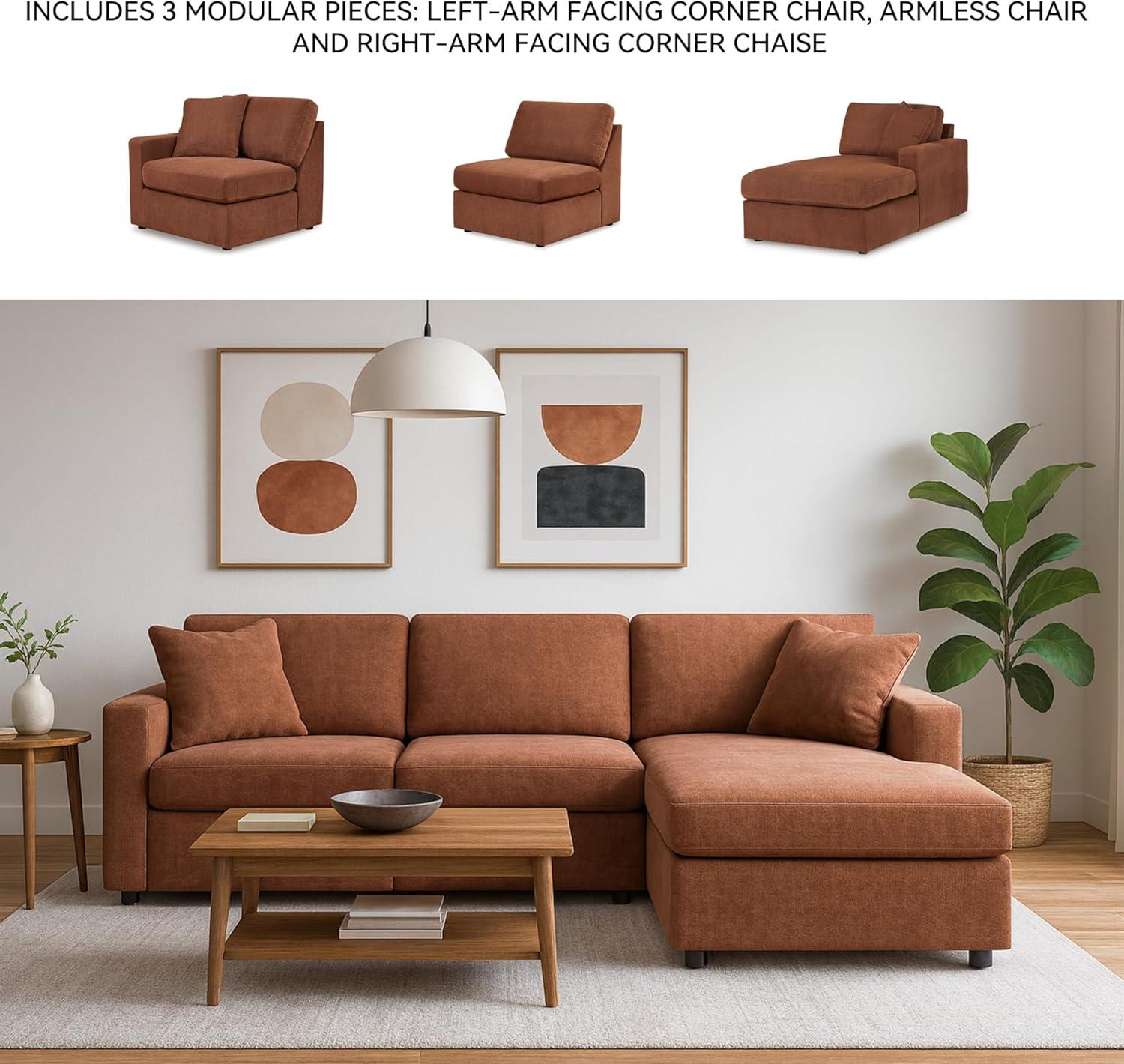 imageSignature Design by Ashley Modmax Contemporary Modular Stain Resistant 3Piece Sofa with Removable Zippered Covers and 2 Accent Pillows Reversible Back and Seat Cushions BlueBurnt Orange