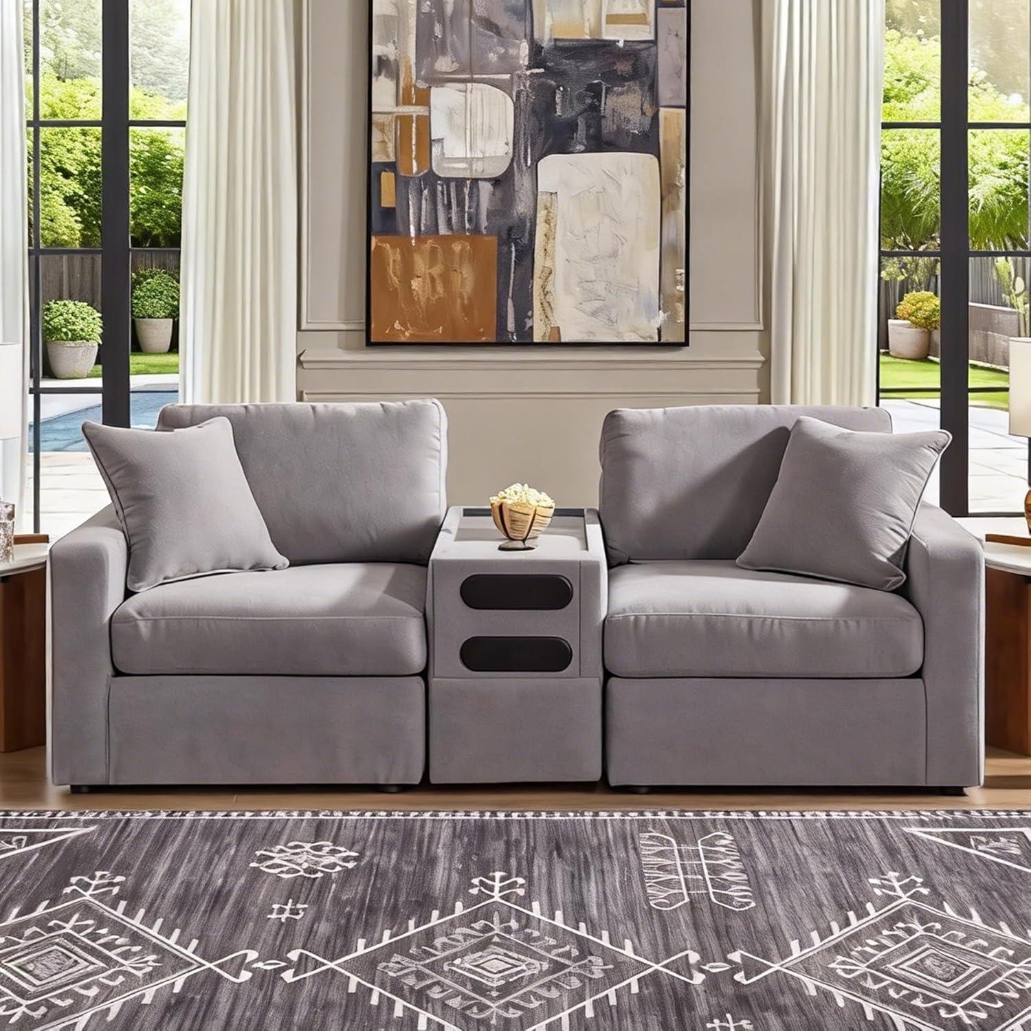 imageSignature Design by Ashley Modmax Contemporary Modular Stain Resistant 3Piece Sofa with Removable Zippered Covers and 2 Accent Pillows Reversible Back and Seat Cushions BlueLight Gray