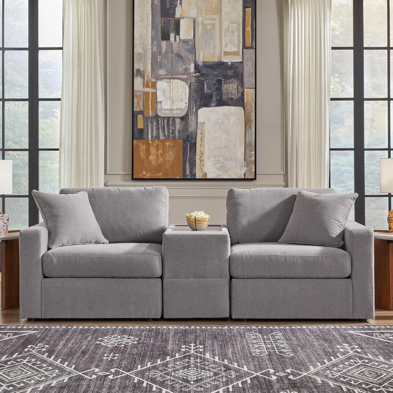 imageSignature Design by Ashley Modmax Contemporary Modular Stain Resistant 3Piece Sofa with Removable Zippered Covers and 2 Accent Pillows Reversible Back and Seat Cushions BlueLight Gray