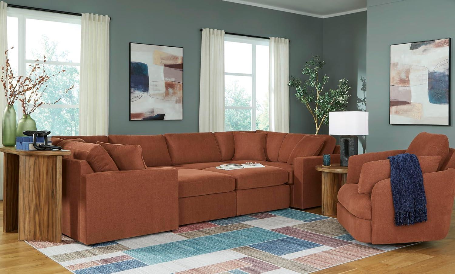 imageSignature Design by Ashley Modmax Contemporary Modular Stain Resistant 3Piece Sofa with Removable Zippered Covers and 2 Accent Pillows Reversible Back and Seat Cushions BlueBurnt Orange