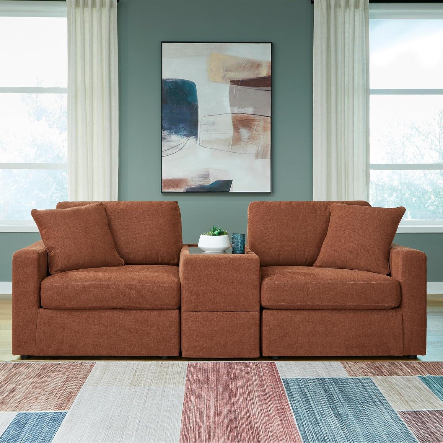 imageSignature Design by Ashley Modmax Contemporary Modular Stain Resistant 3Piece Sofa with Removable Zippered Covers and 2 Accent Pillows Reversible Back and Seat Cushions BlueBurnt Orange