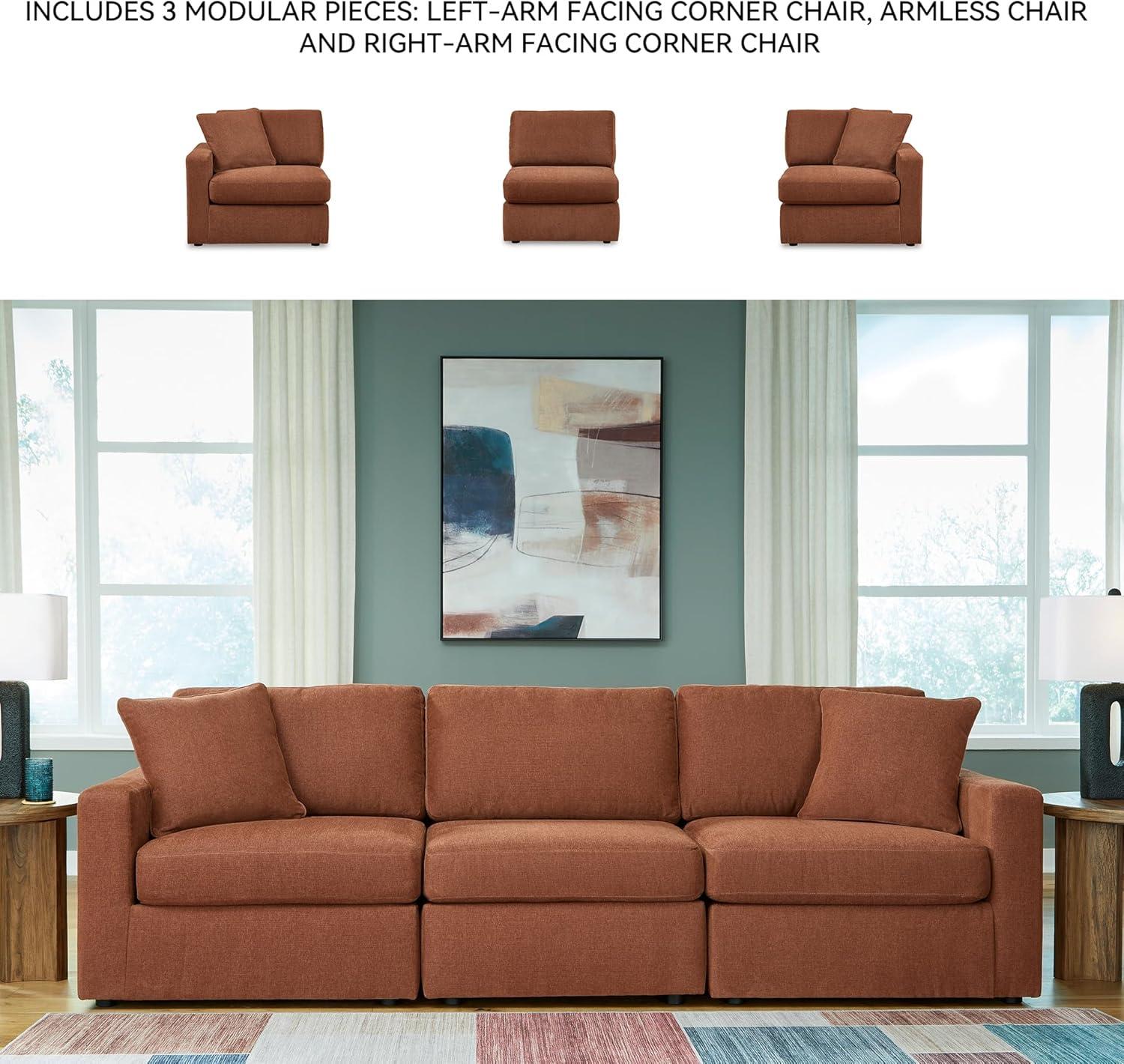 imageSignature Design by Ashley Modmax Contemporary Modular Stain Resistant 3Piece Sofa with Removable Zippered Covers and 2 Accent Pillows Reversible Back and Seat Cushions BlueBurnt Orange