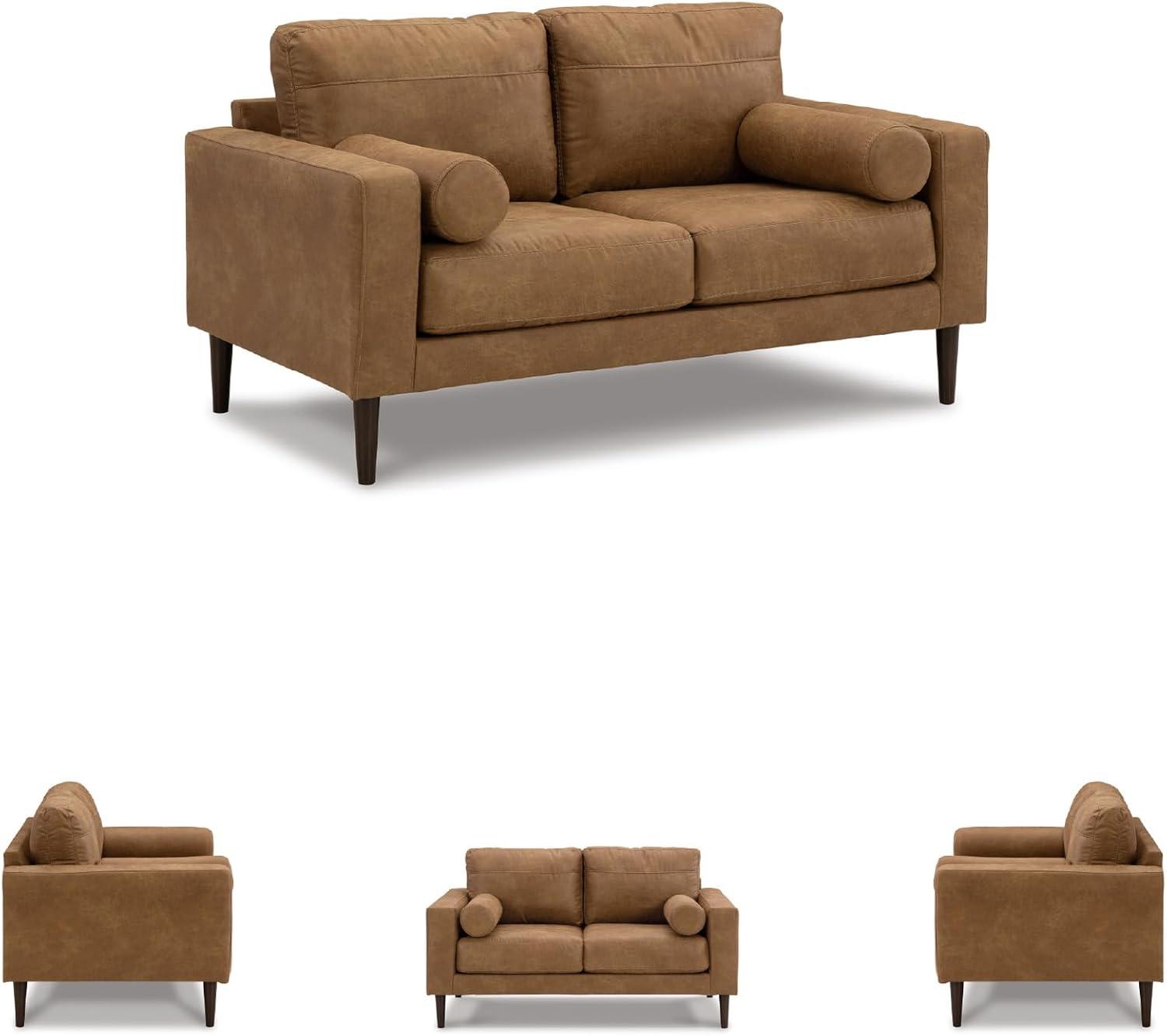 imageSignature Design by Ashley Telora Modern Faux Leather Loveseat with 2 Bolster Pillows Dark Brown